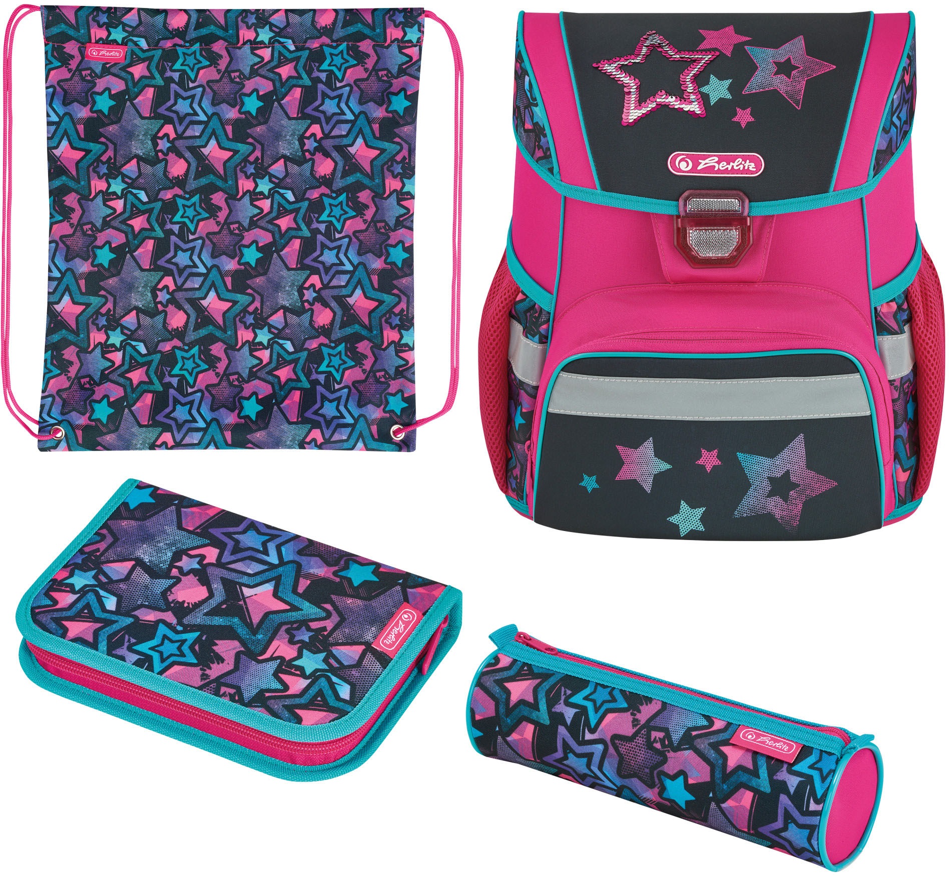 Image of Herlitz Schulranzen »Loop Plus Stars«, Floureszierende Flächen-reflektierende Streifen auf den Schultergurten-Reflektoren bei Ackermann Versand Schweiz