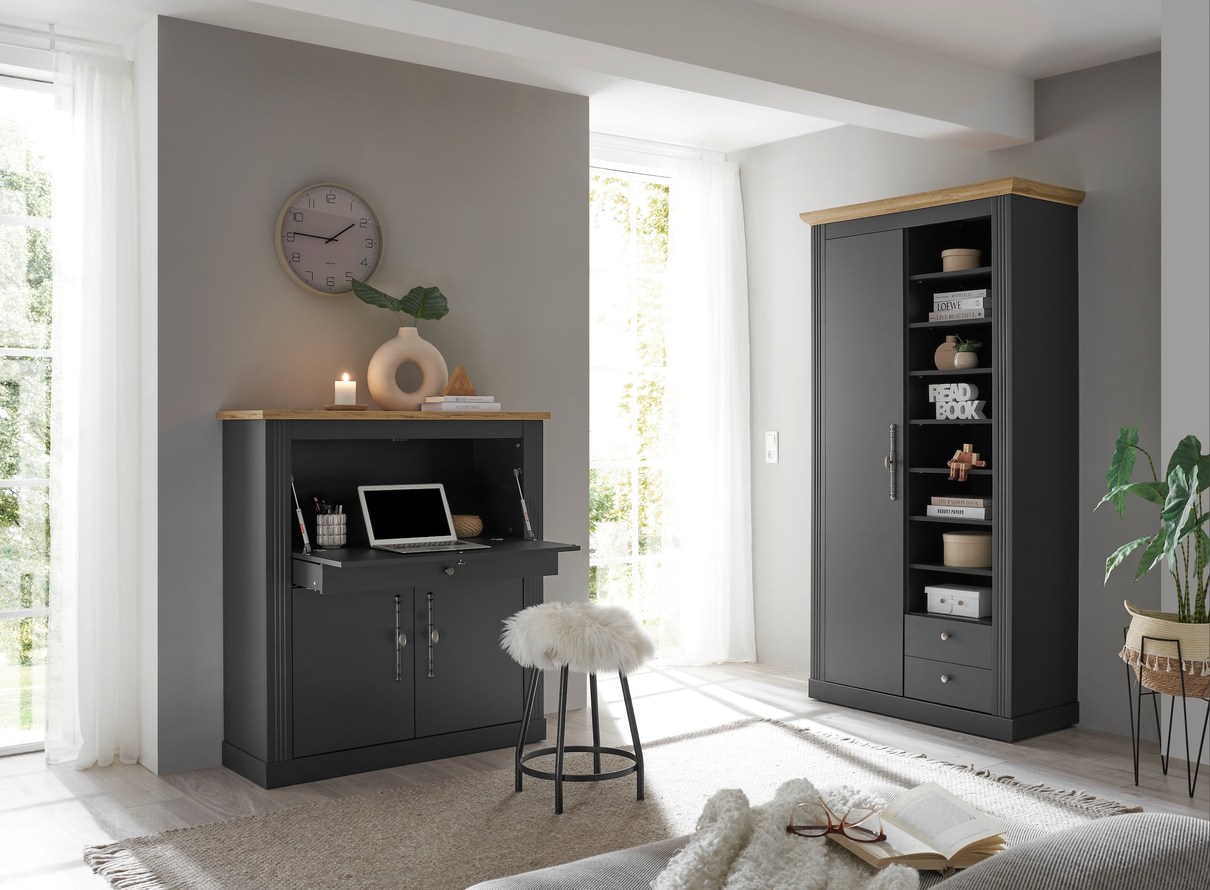GOODproduct Büromöbel-Set »Westminster, wohnliches Home-Office, Büro in zwei Farben verfügbar« Set, 2 tlg. enthält Sekretär und Stauraumschrank im Landhausstil, mit Kabelkanal