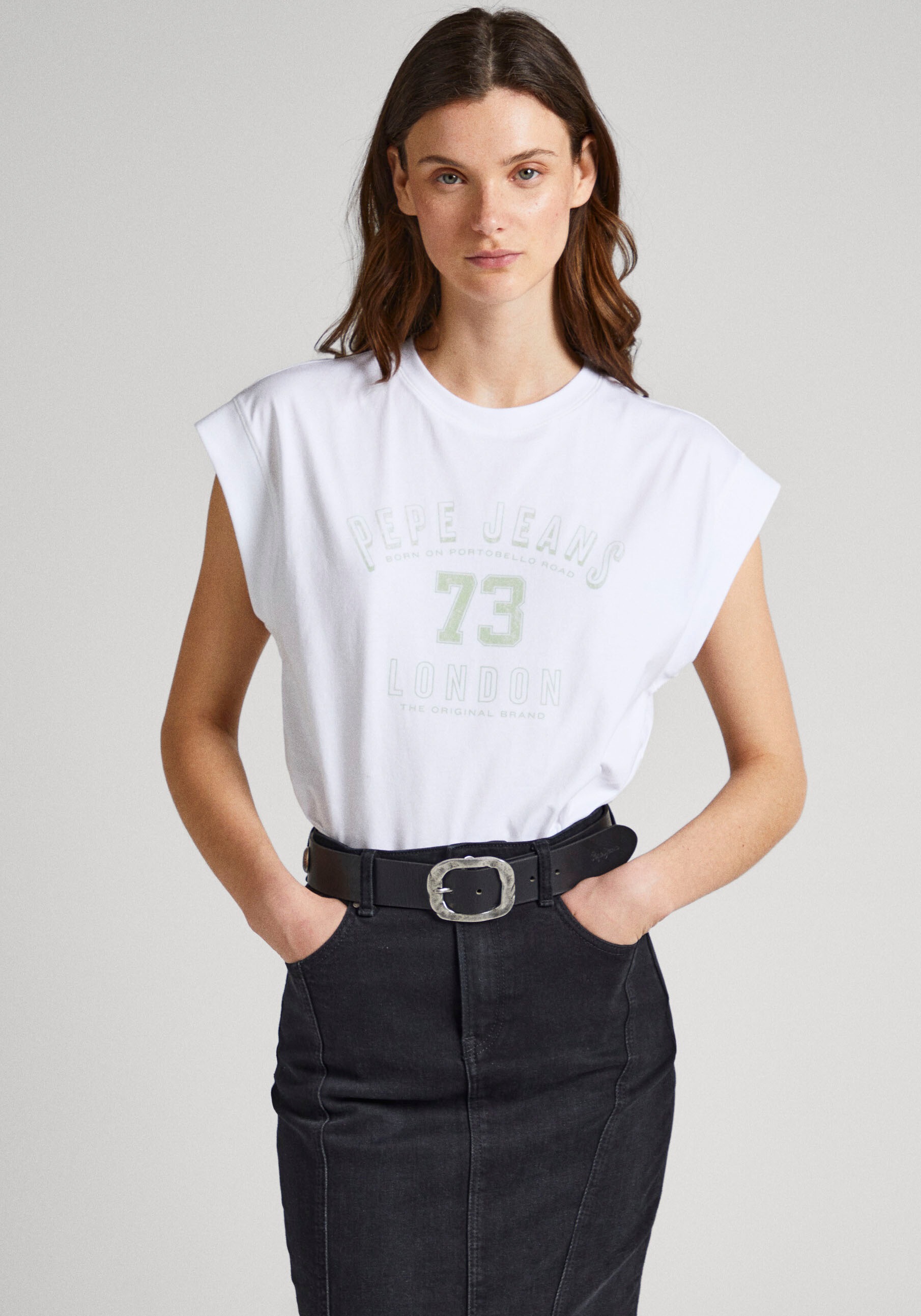 mit Jeans Logo-Print bestellen floralem »NEREA«, Stretch ♕ Rundhalsshirt und Pepe versandkostenfrei