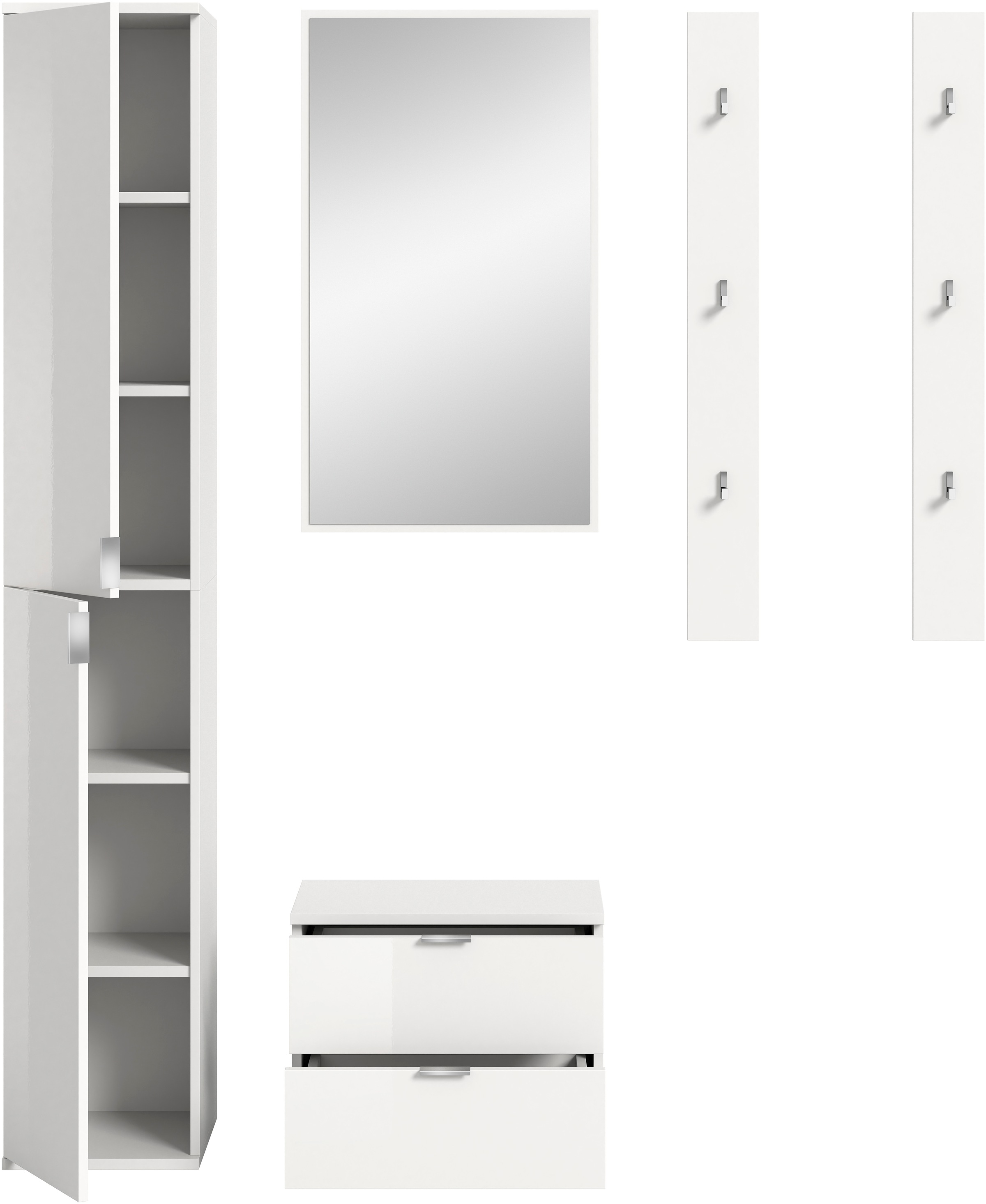 INOSIGN Garderoben-Set »Trondheim, Garderobenset 4-tlg. Breite 148 cm,«, (4 St.), hochglanz, best. aus: Spiegel, 2er Set Paneele, Schrank,Kommode, Flur
