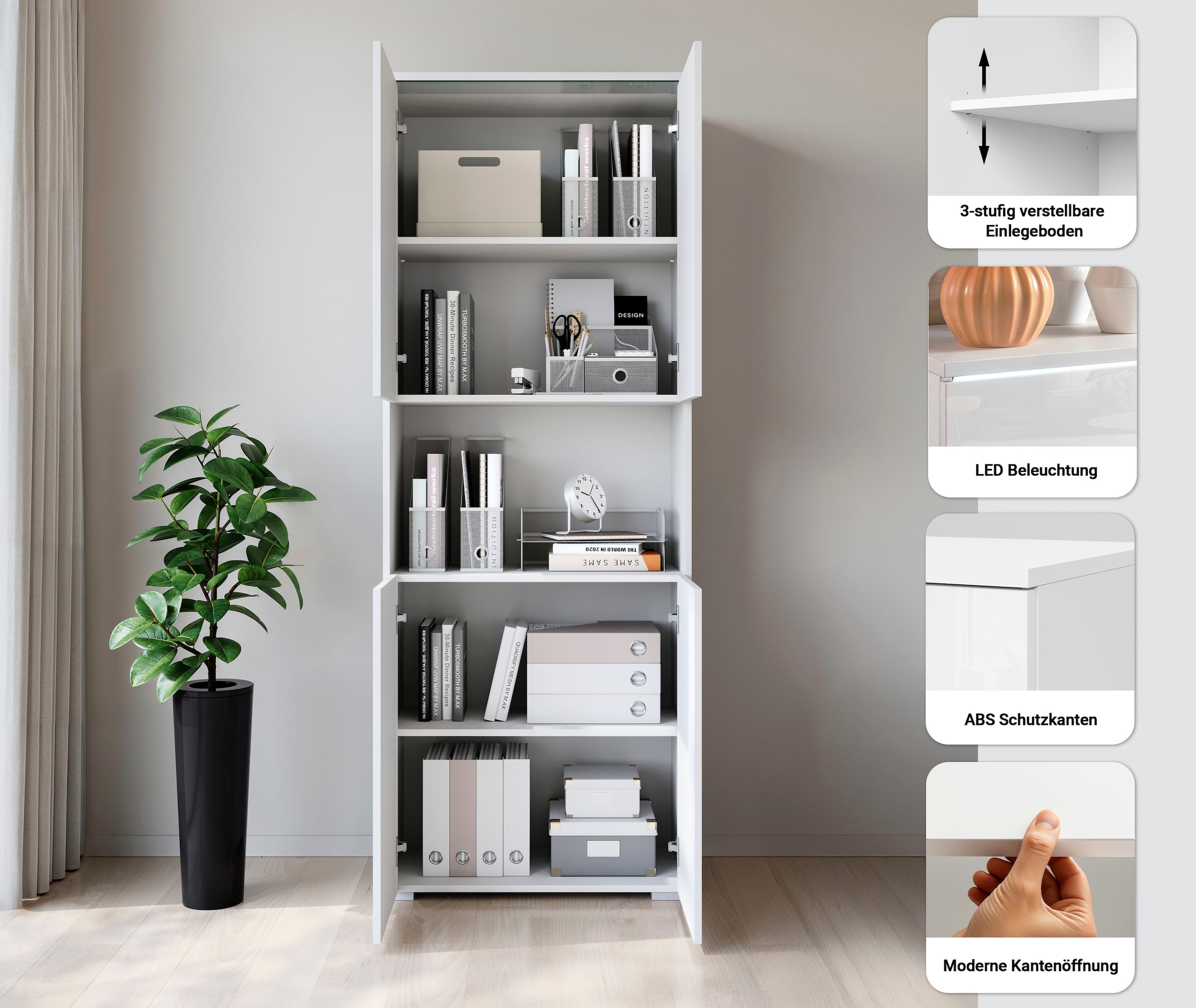 Home affaire Aktenschrank »Vera, Mehrzweckschrank mit LED-Beleuchtung« Praktischer Stauraum mit höhenverstellbaren Ablageböden, H. 182 cm