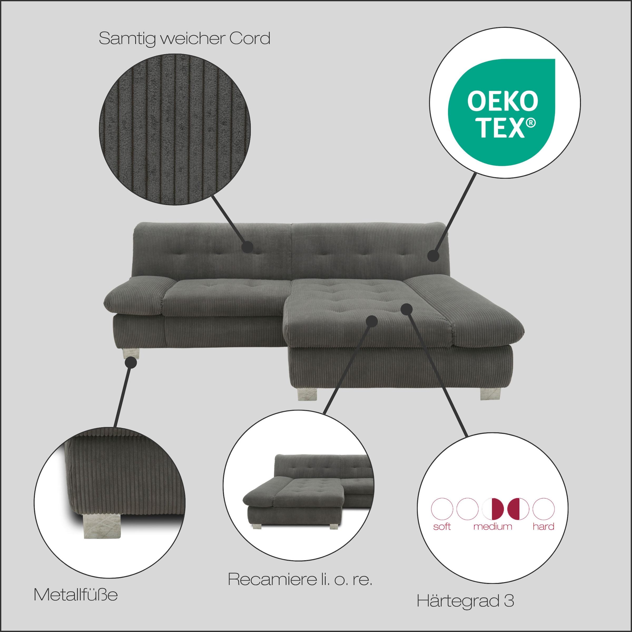 DOMO collection Ecksofa »100031 kompakte Stellmasse, komfortabel und bequem, L-Form«, wahlweise mit Bettfunktion und Armteilverstellung. Breite 234cm