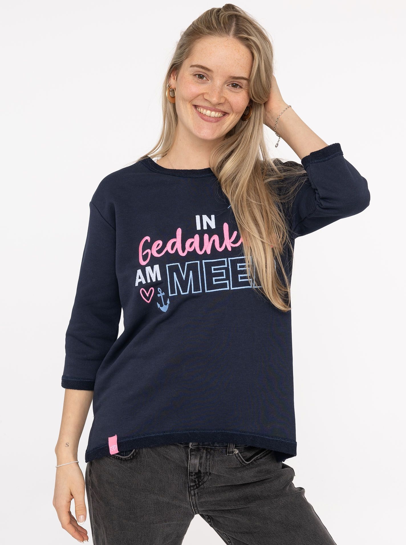 Image of Zwillingsherz 3/4-Arm-Shirt ""Meer Gedanken"" 3/4 Arm, mit Martimer Botschaft, ausgefransten Kanten
