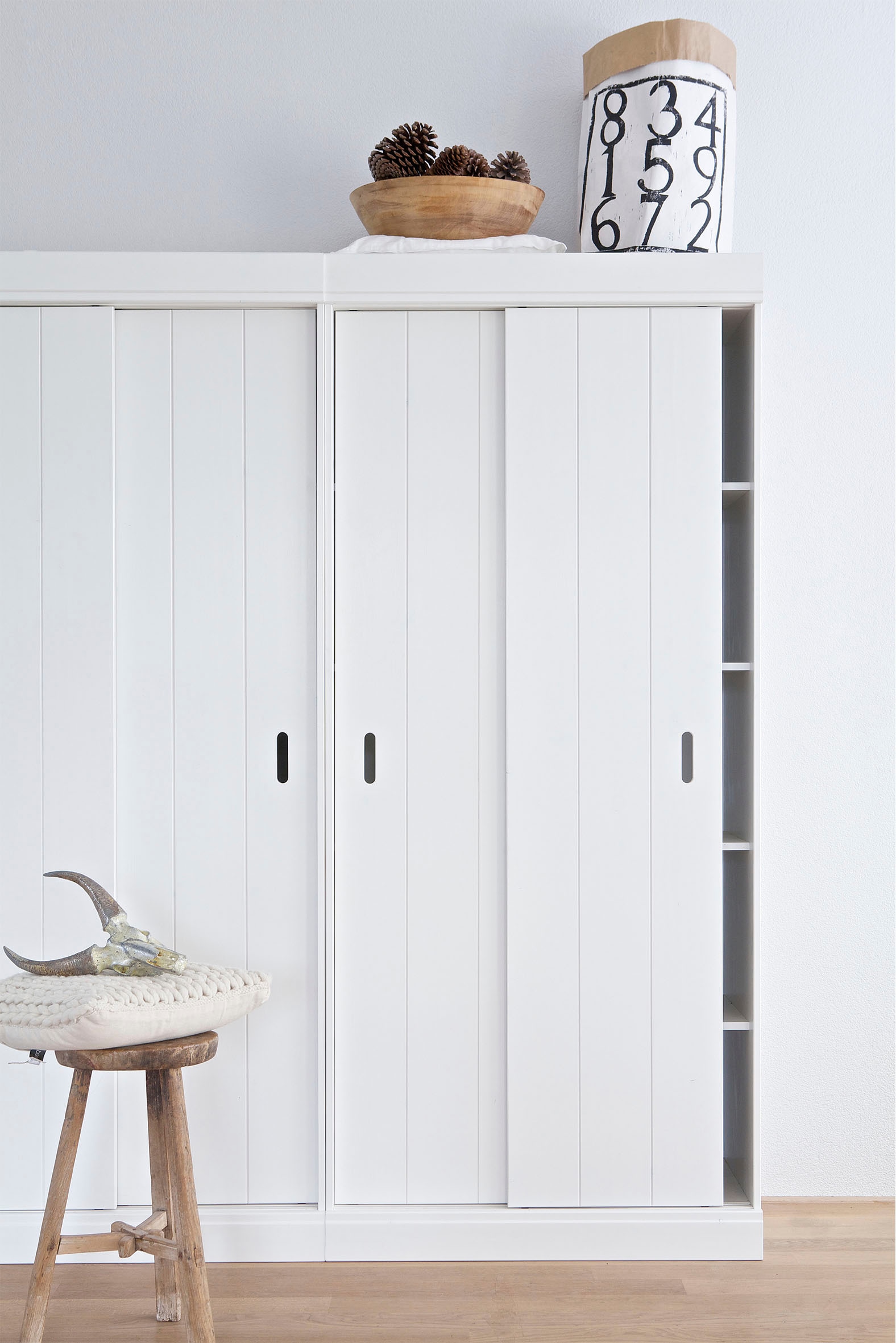 Image of WOOOD Garderobenschrank "Row FSC-Kiefernholz gebürstet mit Schiebetüren H 195 x B 85 x T 44 cm" Tragkraft 15 kg pro Boden, nebeneinander kombinierbar, pfleigleicht