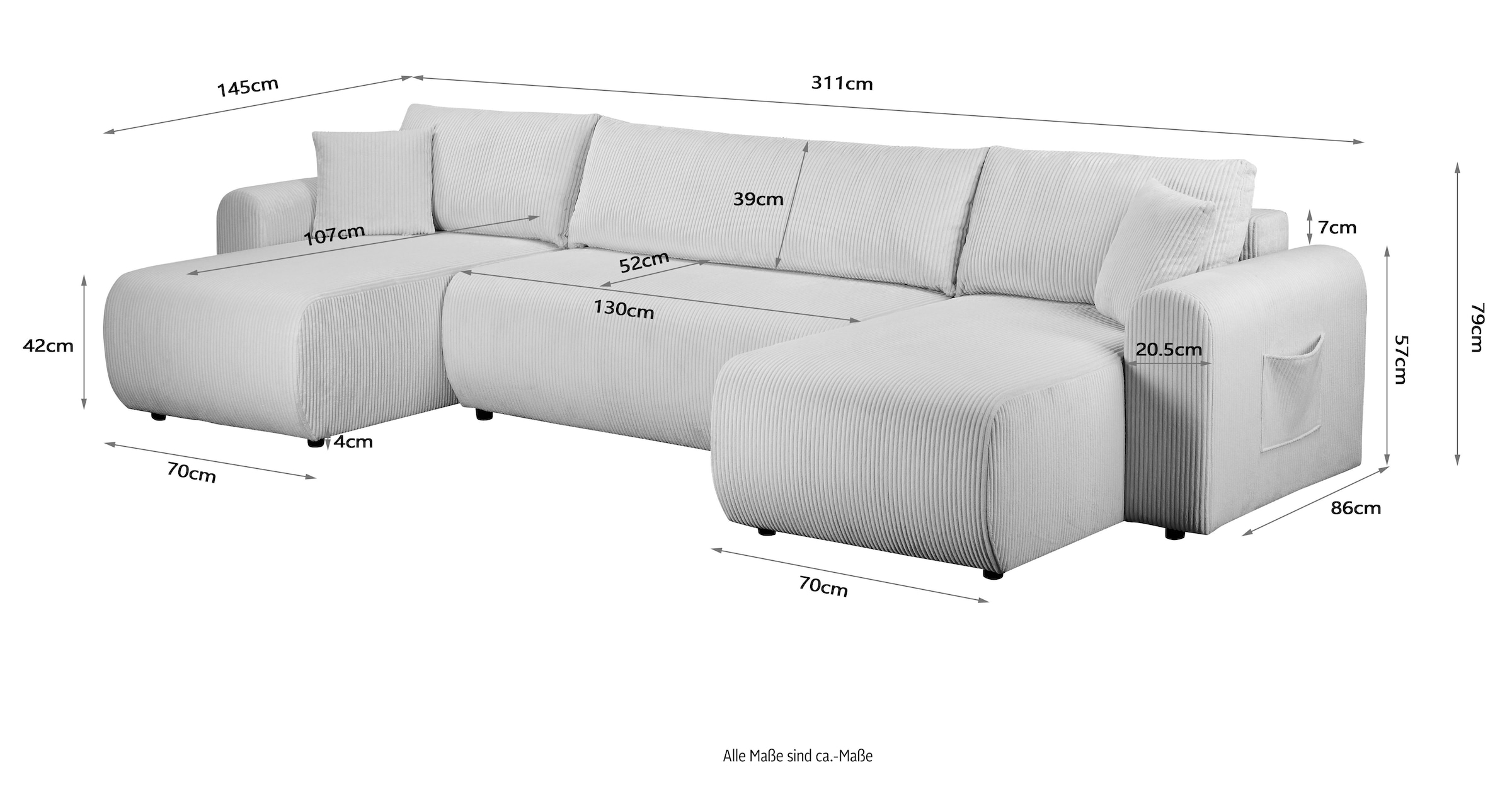 GOODproduct Paysage de salon »JONAA, 311 cm, U-Form, Schlafsofa, Boxspringfederung, Cord u. Struktur« 133/270cm, Bettkasten, Seitentaschen, Cord und Struktur