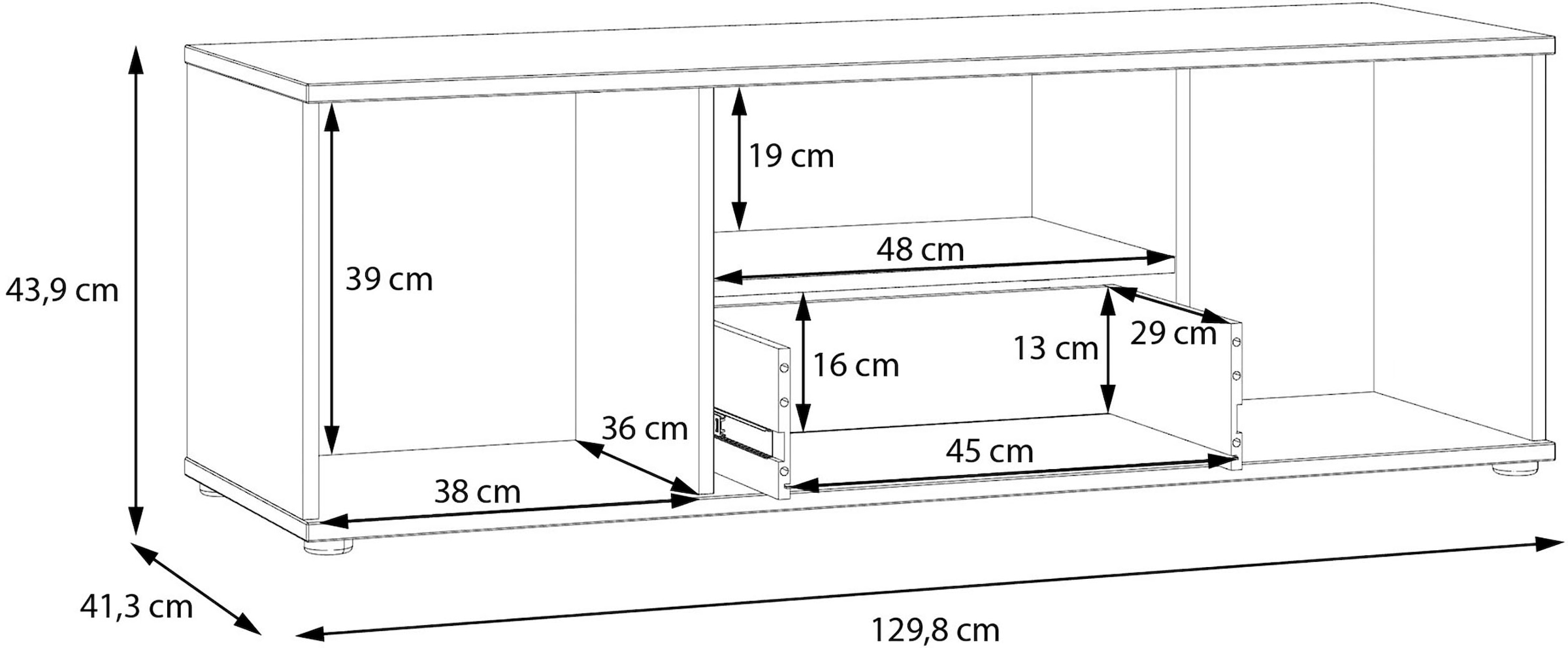 FORTE Lowboard »Ganymede« Breite 129,8cm,  TV Board, Stauraum, Schublade; Metallgriffe, Kabelführung