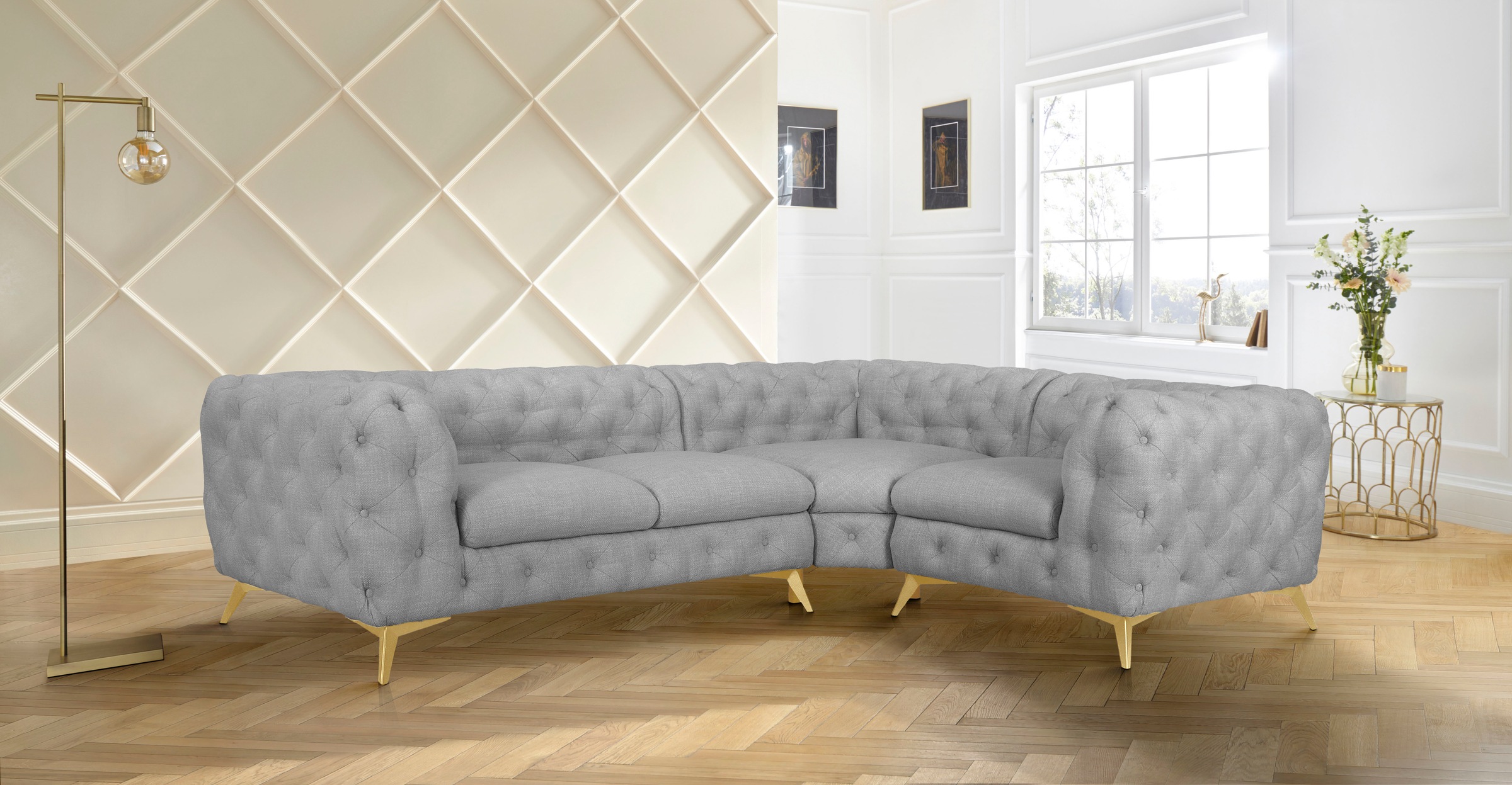 Leonique Chesterfield-Sofa »Ecksofa GLYNIS L-Form mit Wellenunterfederung, Masse B/T/H 264/204/75cm«, aufwändige Knopfheftung, moderne Chesterfield Optik, Fussfarbe wählbar