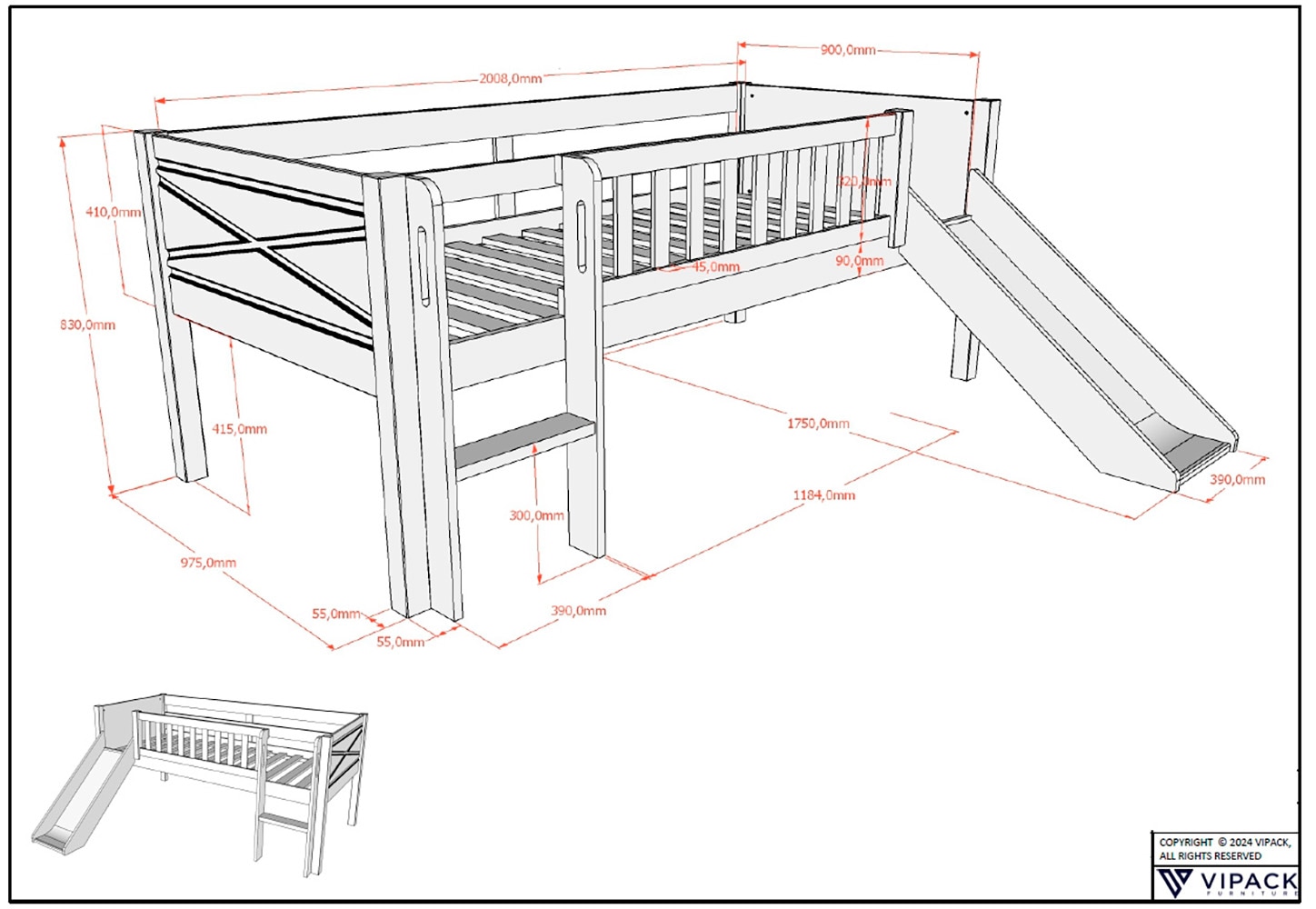 Vipack Spielbett »Scott mit niedriger Einstiegshöhe inkl. Leiter, Rutsche und Rollnrost« in Kiefer massiv, weiss 90x200 cm, wahlweise ohne und mit Rollboxen