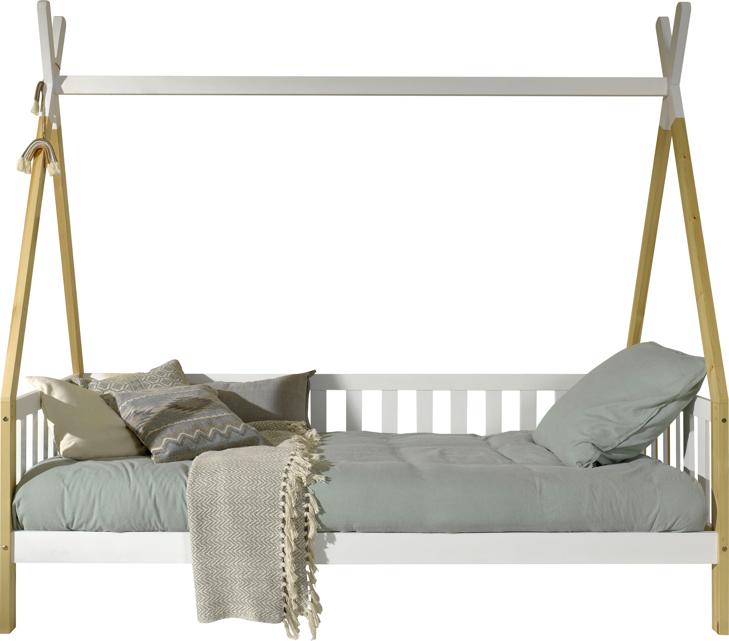 Vipack Kinderbett »Tipi, mit Querstange in Zelt-Optik, Kiefer massiv« B/H/T ca. 206x185,1x96cm, seitliche Sprossenumrandung,  inklusive Rolllattenrost und wahlweise mit Bettschublade