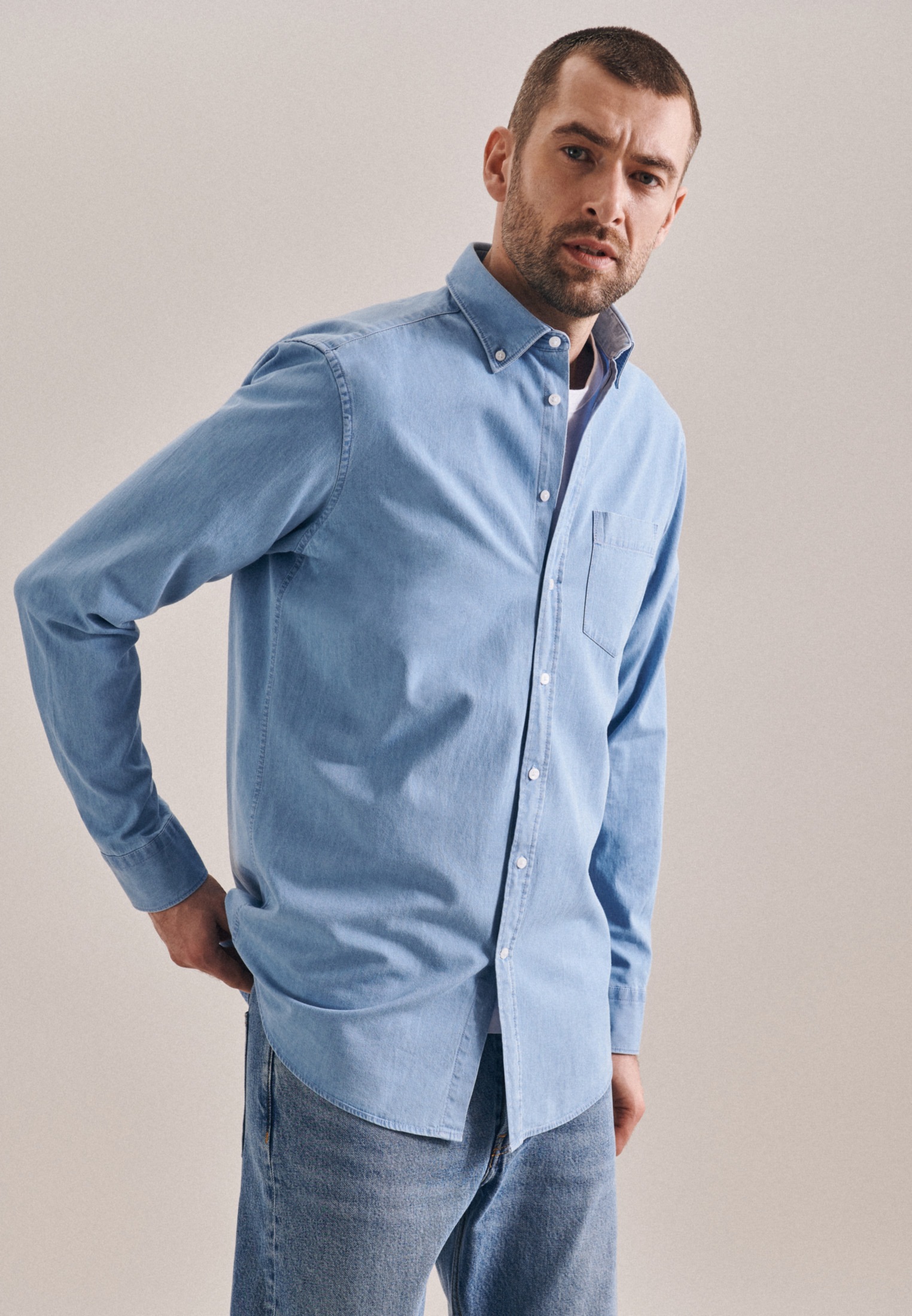Image of seidensticker Jeanshemd »Regular«, Regular Langarm Button-Down-Kragen Uni bei Ackermann Versand Schweiz