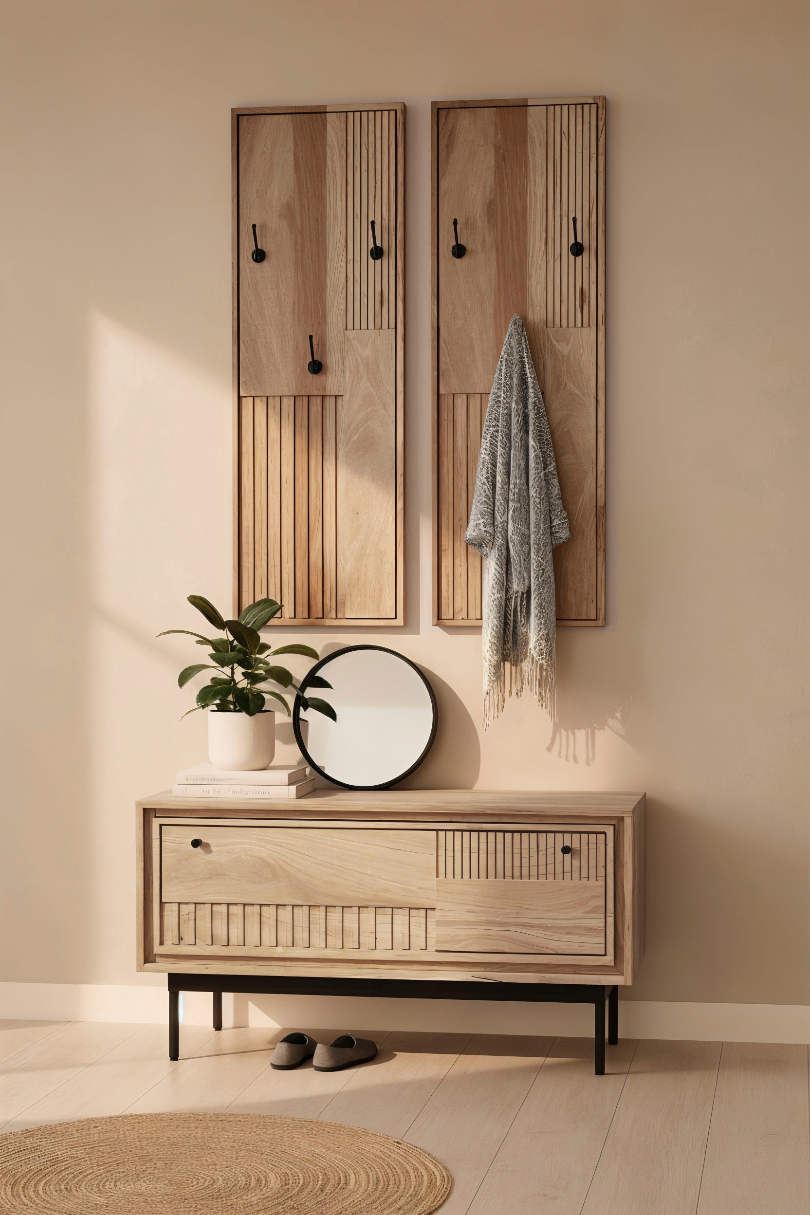 SIT Schuhschrank »Vieste aus Mangoholz mit Lamellen-Schnitzereien & Metallfüssen« 1 Stk. tlg. 2 Fächer hinter 1 Klappe mit 15 cm hohen schwarzen Metallfüssen