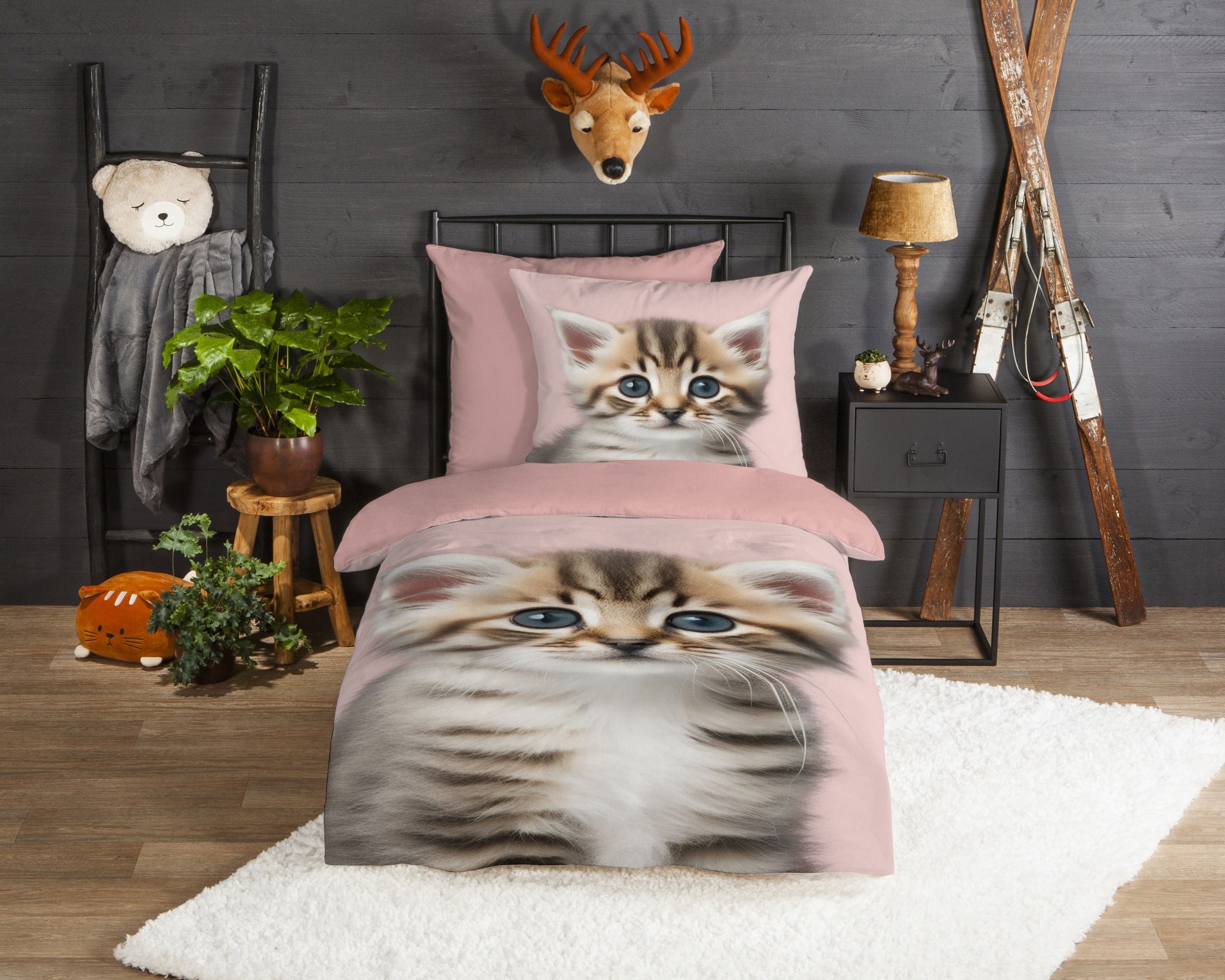 good morning Kinderbettwäsche »Meow«, Flanell, Biber, 135x200, Warm, Wendeoptik, Kind, Mädchen, Katze, Rosa
