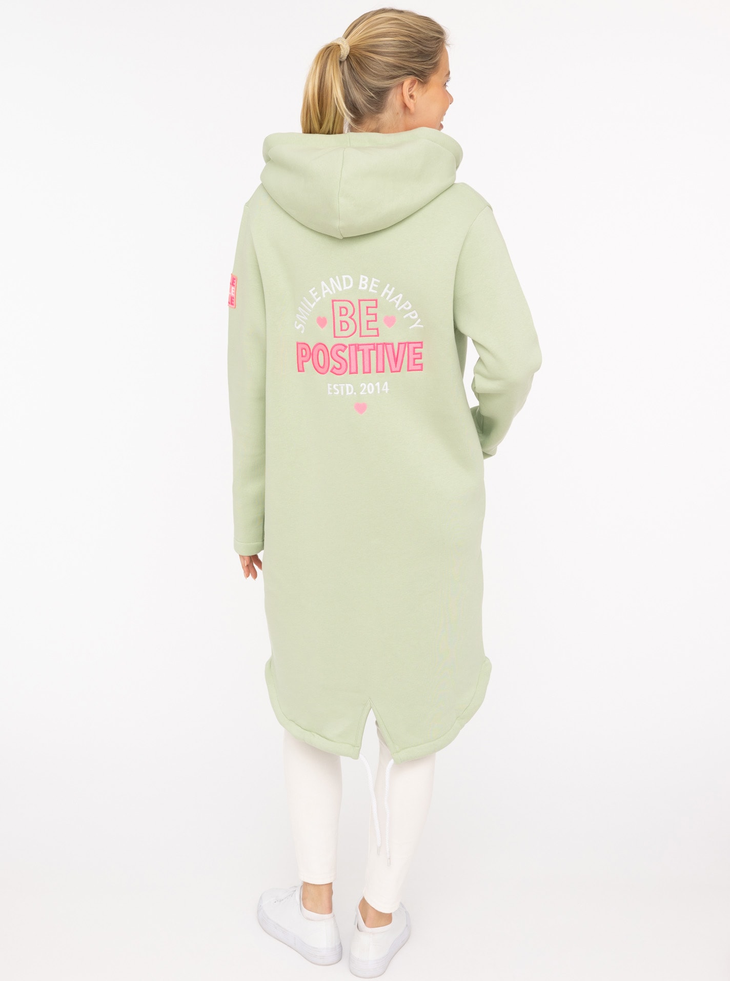 Zwillingsherz Jerseymantel »"Be Positive"«, mit grossem Stickmotiv, Taschen und Reissverschluss