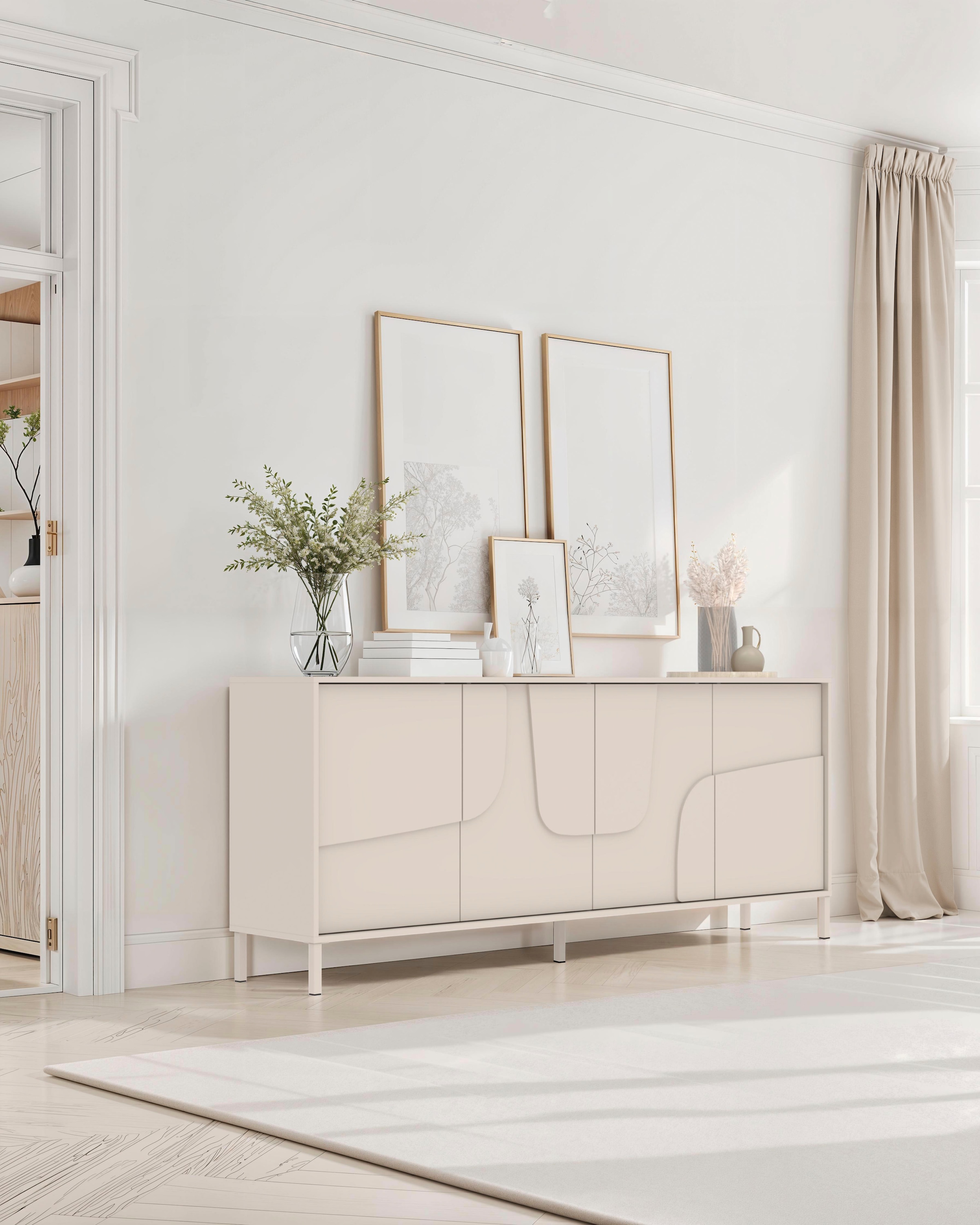 INOSIGN Sideboard »Stone, 205 cm breit, 4  Türen,  Anrichte, Kommode, Stauraumschrank« 3D-Design, Push-to-open, Innenraum grosszügig, Füsse 14/2 cm wählbar