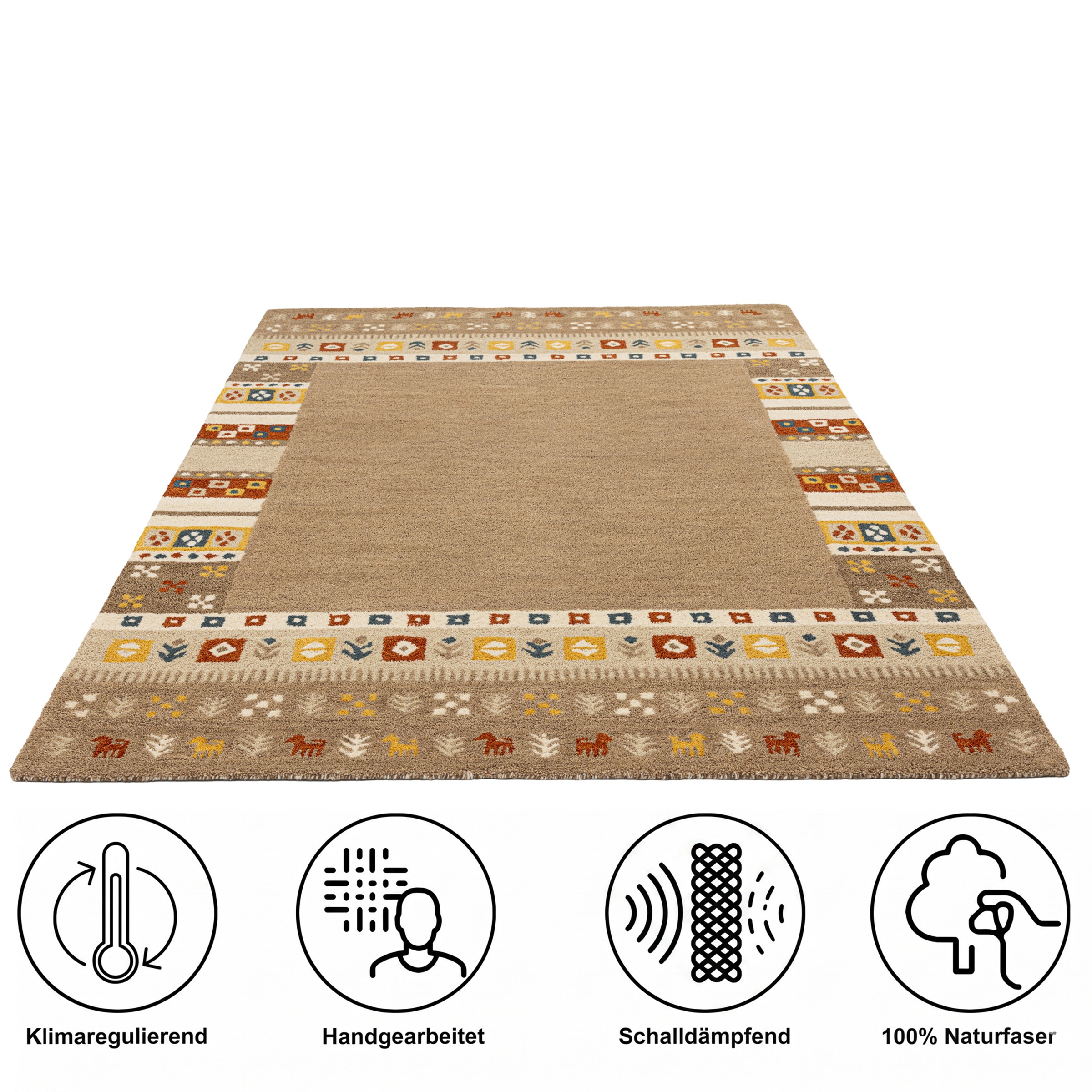THEKO Tapis en laine »Gabbeh Rahmen, reine Wolle, Handgefertigt, mit Bordüre« Rectangulaire 14 mm Höhe Motif animalier, salon, chambre à coucher, salle à manger