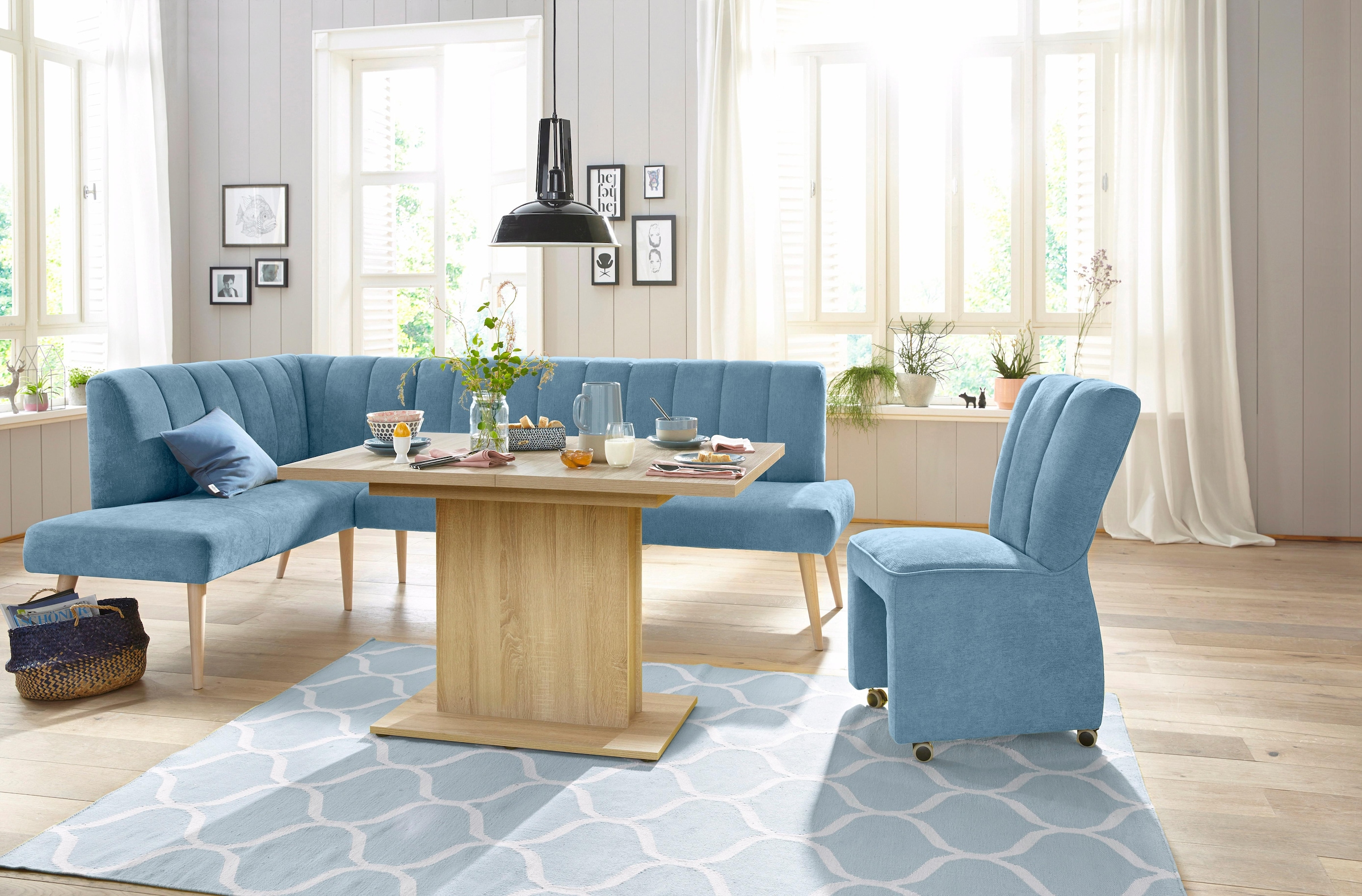 exxpo - sofa fashion Eckbank »Costa, moderne Rückensteppung, bequem und elegant, hoher Holzfuss«, hochwertig verarbeitet, Frei im Raum stellbar