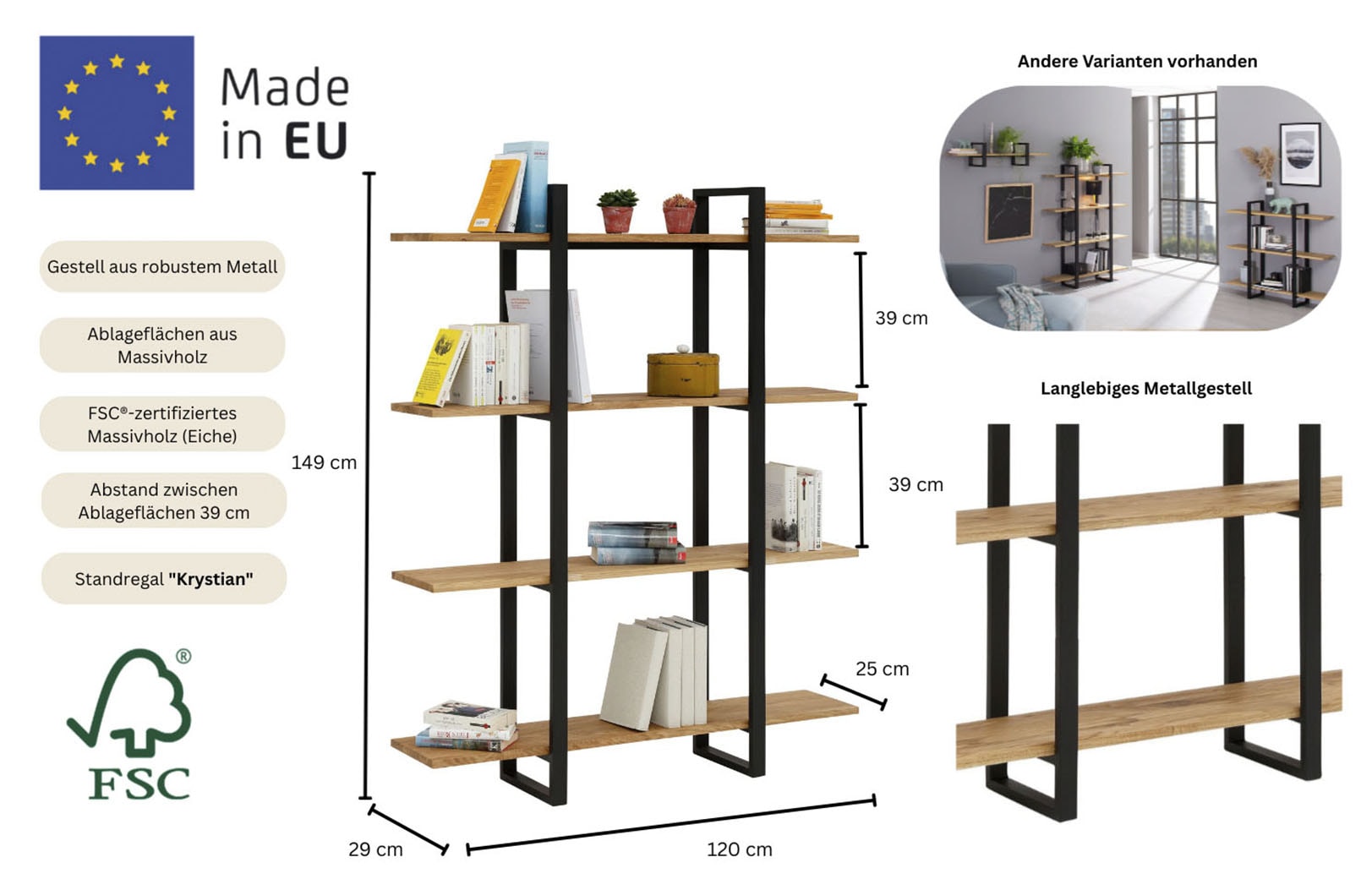 Home affaire Bücherregal »Krystian Regal« Gesamtmasse B/T/H: 120/29/149,  Raumteiler, Ablagen aus Eichenholz, Gestell aus robustem Metall