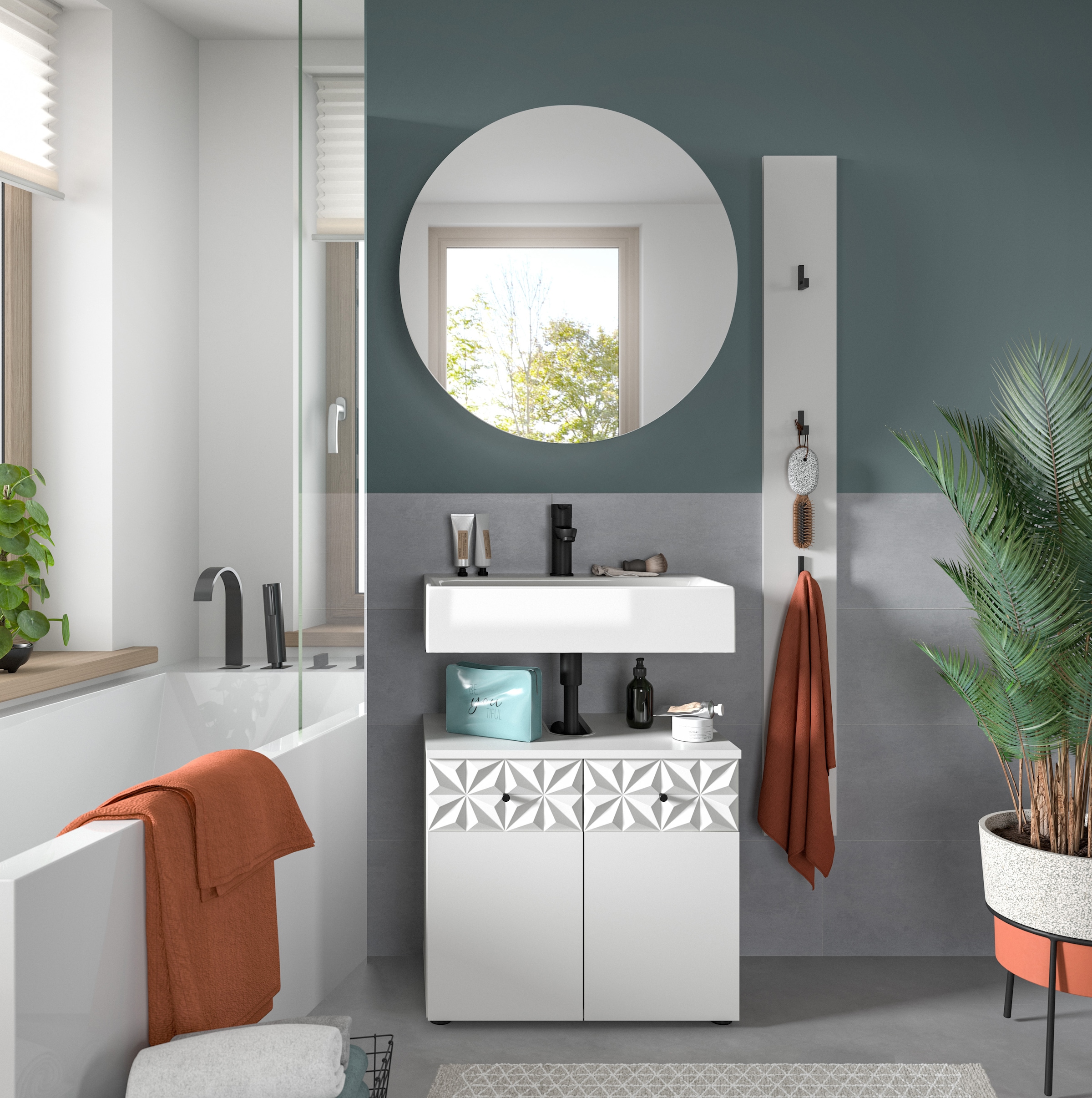 INOSIGN Ensemble de salle de bains »VICENZA, TOPSELLER!, Breite 91cm, 3-teilig, mit Ornamentabsetzung« best. aus: Waschbeckenunterschrank, Spiegelschrank und Hakenleiste, 