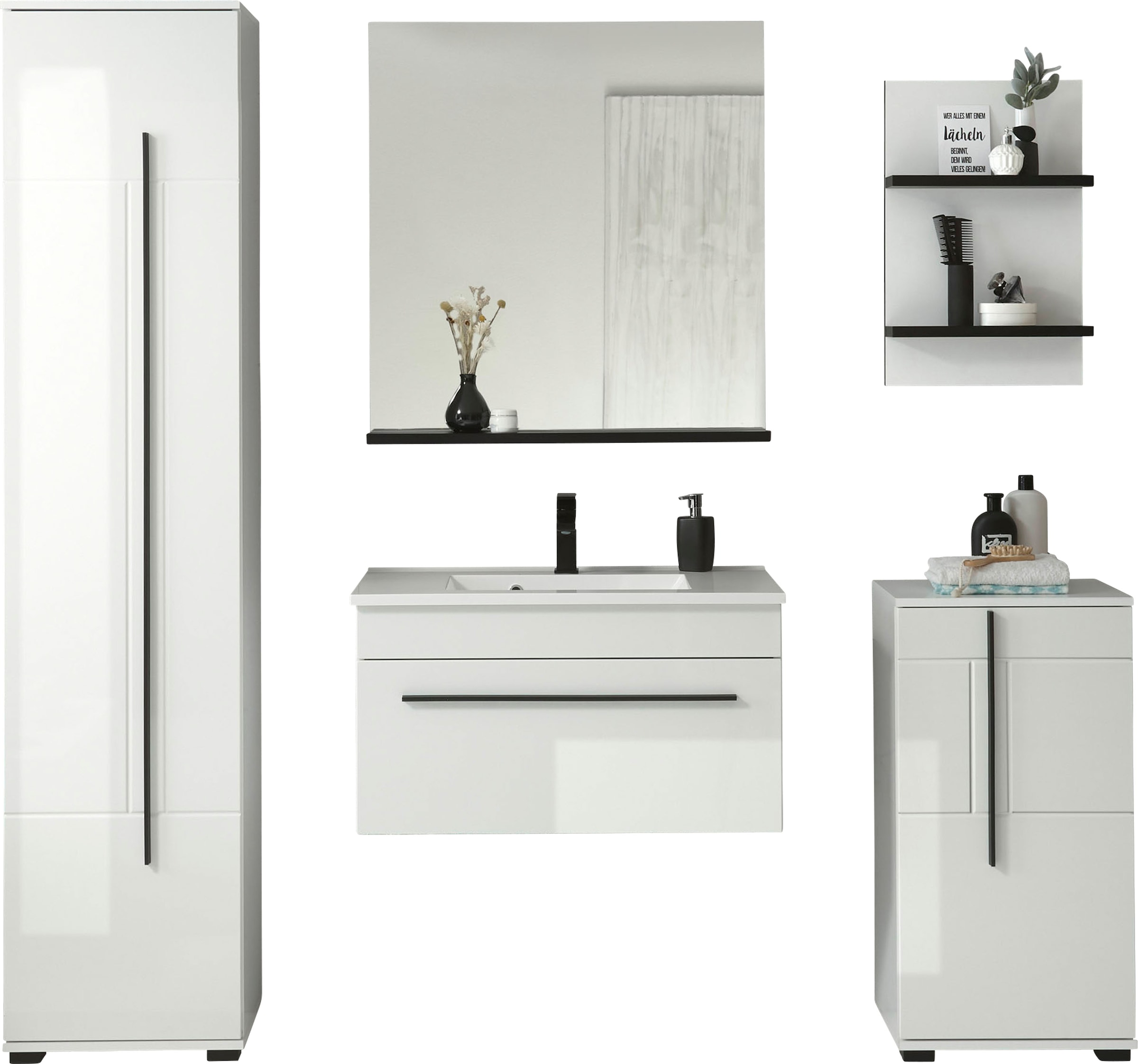 INOSIGN Badmöbel-Set »Cantara, Bad im modernen Design, 5-teiliges Badezimmer«, (Set, 5 St.), Waschtisch, Schränke, Hängeregal und Spiegel, in Weiss Hochglanz