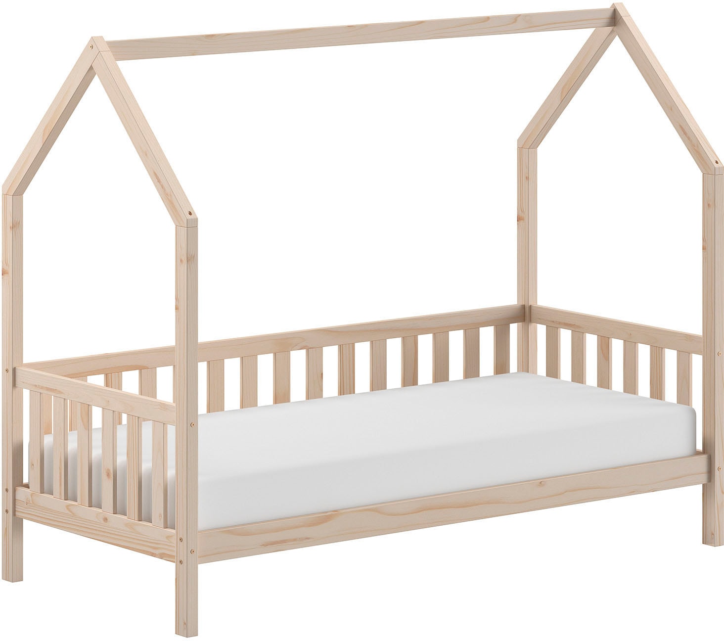 Vipack »Cabane, mit Dachaufbau und Sprossenumrandung in Landhaus-Optik« (B/H/T ca. 208x169x98 cm) aus massiver Eiche, Oberfläche Natur,  sehr stabil und standfest gebaut inkl. Massivholz Rolllattenrost