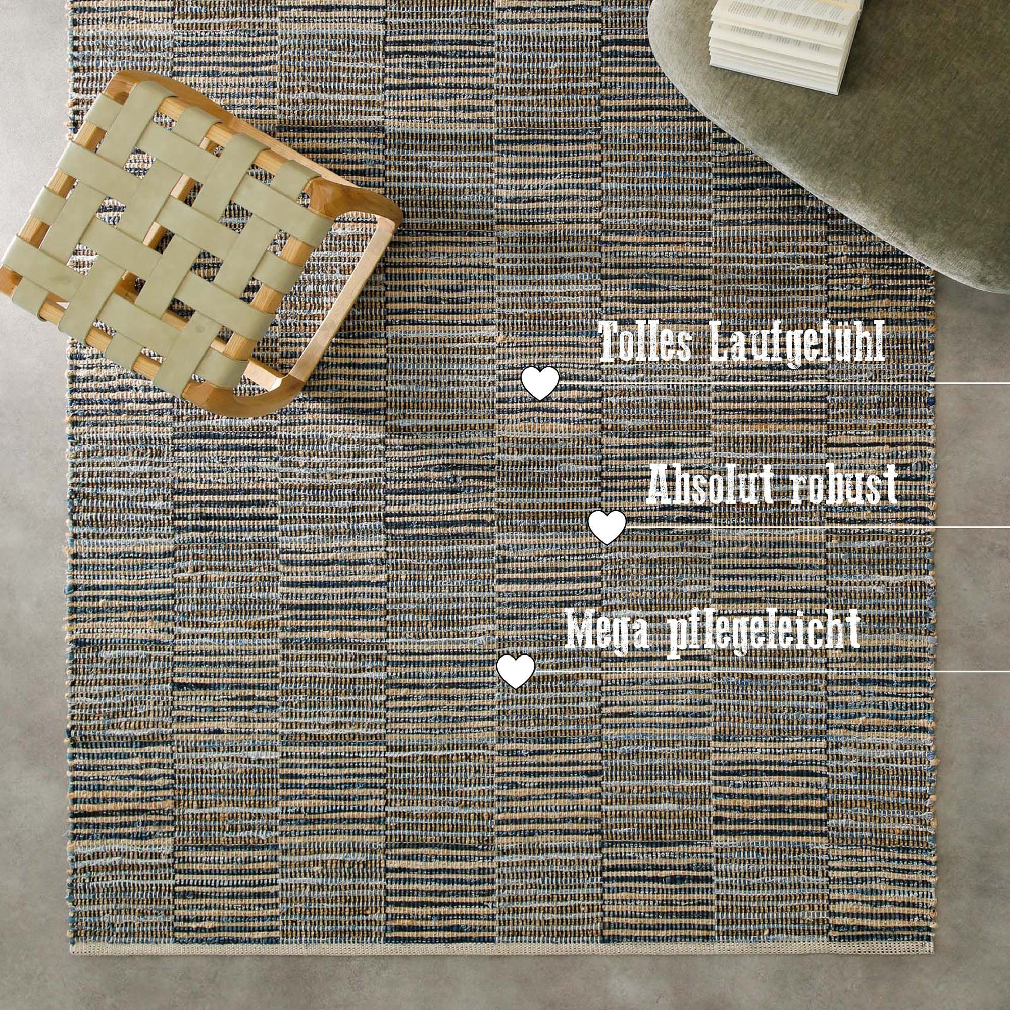 Wecon home Teppich »Denim Blues« rechteckig 6 mm Höhe handgewebt, robust, pflegeleicht, skandi, Natur, Jute, Wohnzimmer