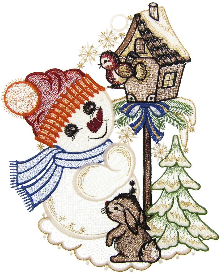 Image of W. Reuter & Sohn - Plauener Spitze Fensterbild "Süsser Schneemann" Made in Germany