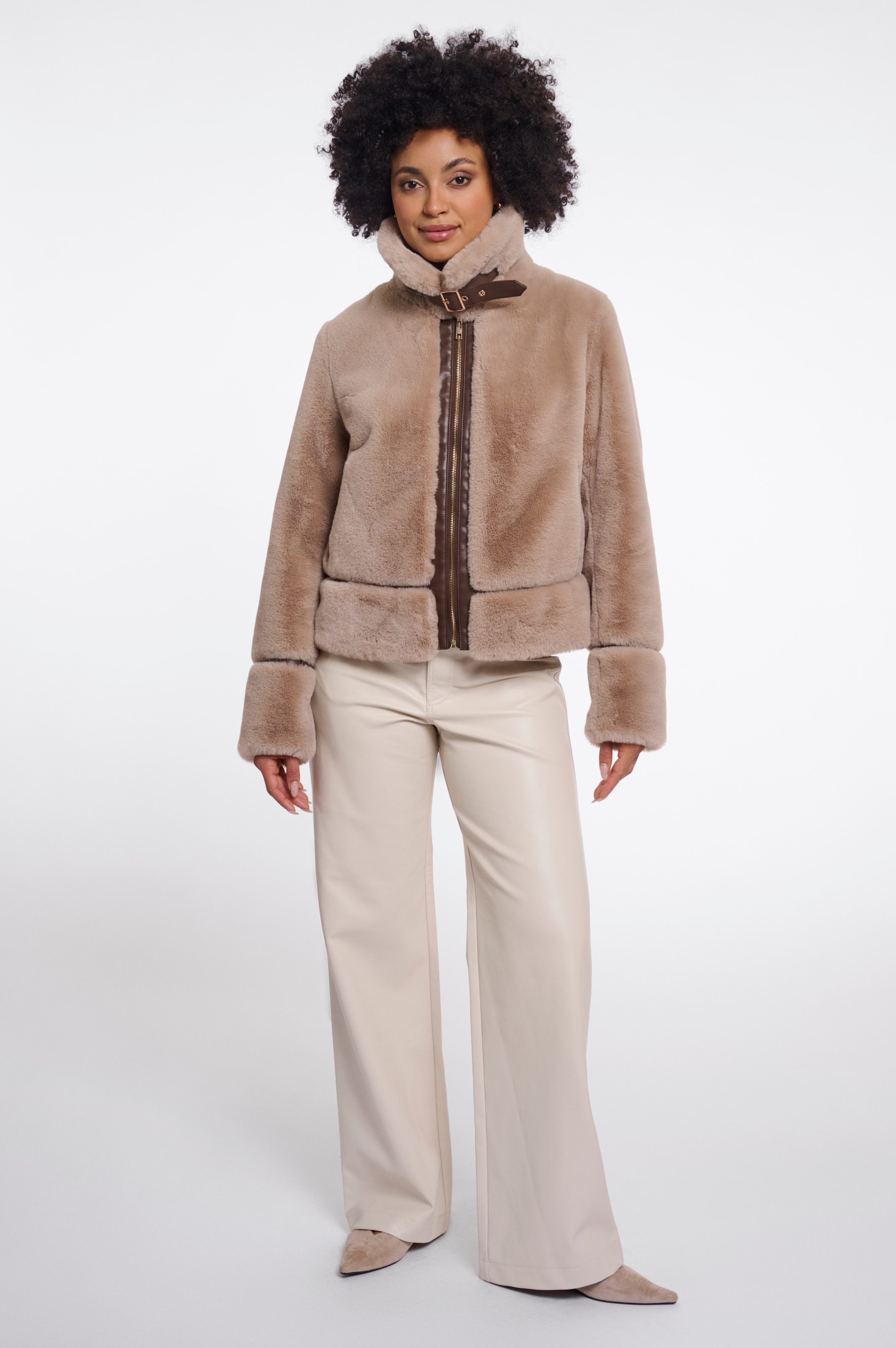 Rino & Pelle Manteau en imitation fourrure Kurze Felljacke mit Stehkragen und Schnalle
