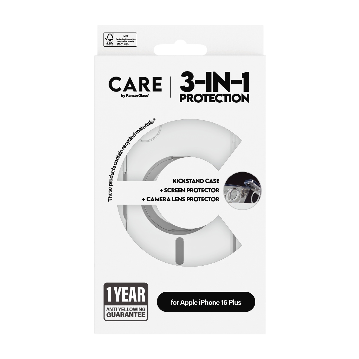 CARE by PanzerGlass Displayschutzglas »3-in-1 Protection, Ceramic Glass, Kickstand Case, Lens Cover«, für Apple iPhone 16 Plus, Displayschutzfolie, Schutzfolie, Bildschirmschutz, kratz- & stossfest