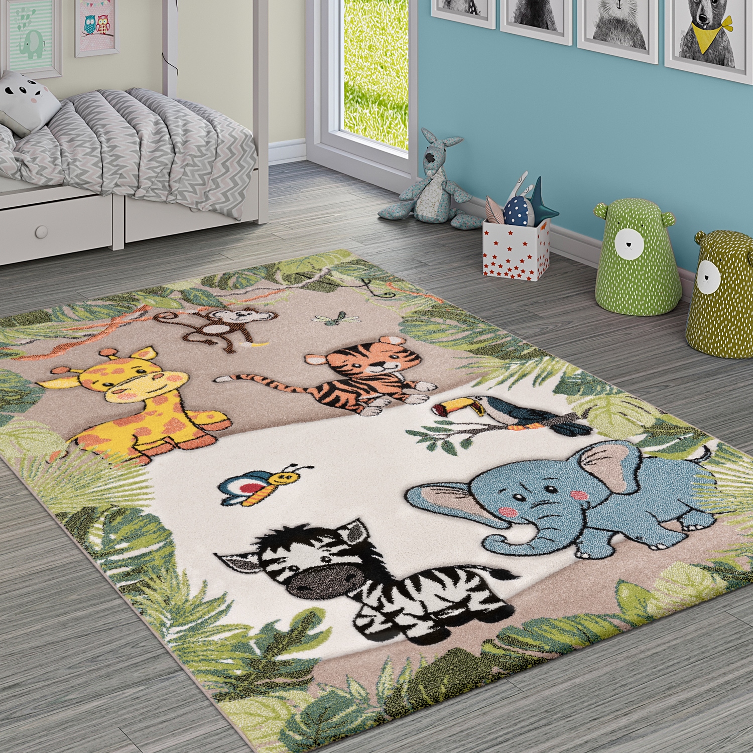 Paco Home Kinderteppich »Diamond 644«, rund, Kurzflor, 3D-Design, Motiv Dschungel Tiere, Kinderzimmer