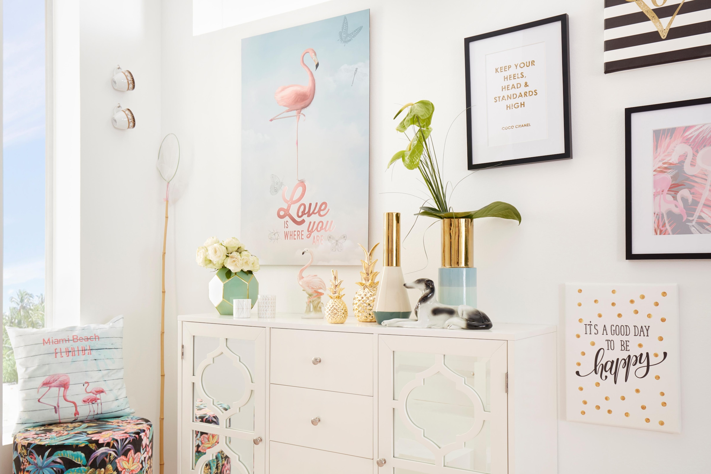 queence Bild »Flamingo«, Vögel-Vogelbilder-Flamingos-Pflanzen-Pflanzenbilder, HD Premium Poster-Druck inkl. Holzrahmen