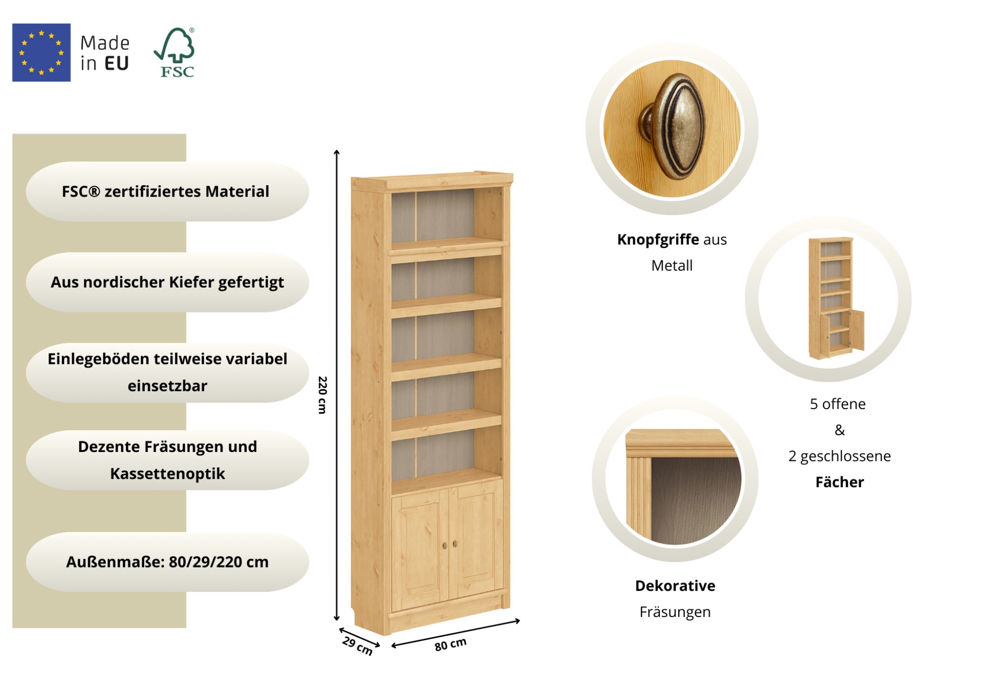 GOODproduct Bücherregal »mit 2 Türen Soeren Regal Aktenregal B/T/H: 80/29/220 cm« massive Kiefer, FSC®-zertifiziert