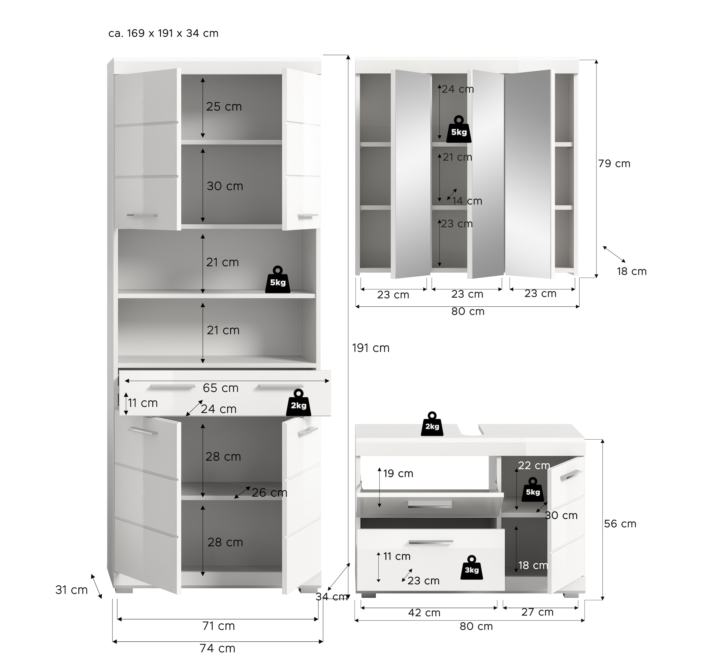 welltime Ensemble de meubles de salle de bain »SIENA, 3-teilig, Waschbeckenunterschrank, Spiegel- & Hochschrank«