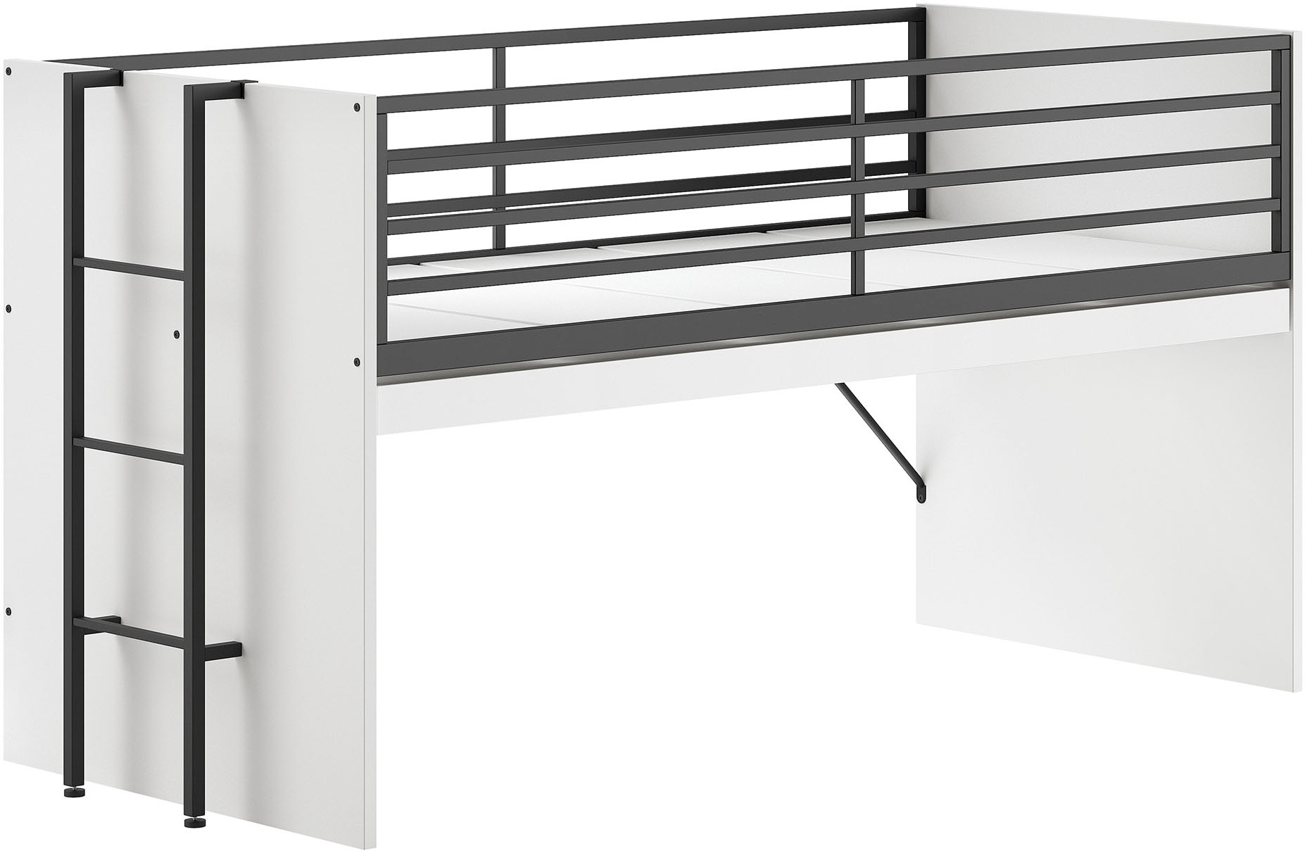 Vipack Hochbett »Sam, schlafen und arbeiten in einem, wahlweise Eiche- oder Weiss-Dekor« Liegefläche 90x200 cm, darunter eine grosse ausziehbare Schreibplatte,  Inkl. Absturzschutz u. Leiter, pflegeleichte Dekor Oberfläche