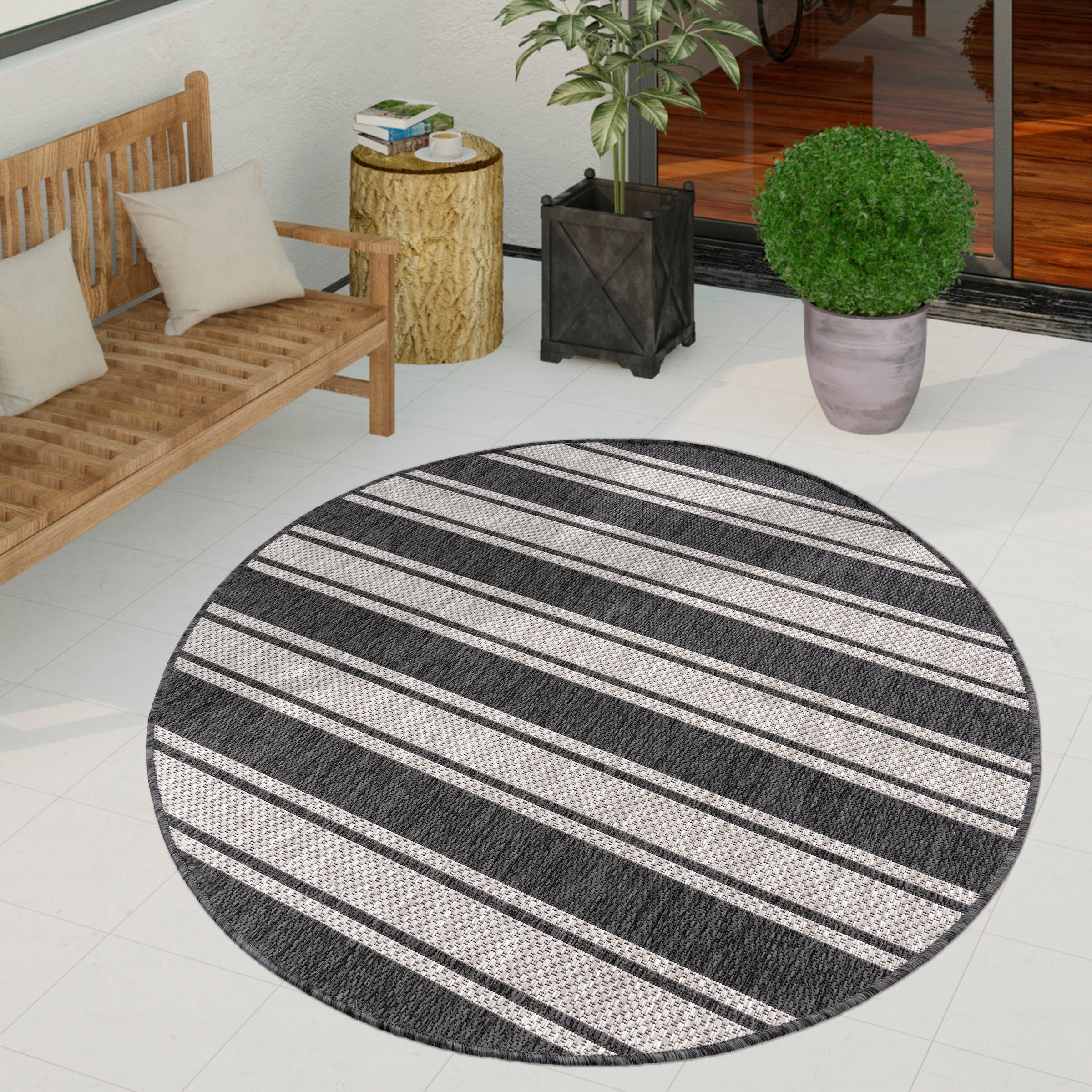 Paco Home Teppich »Roma 273«, rund, 4 mm Höhe, Flachgewebe, gestreift, In- und Outdoor geeignet