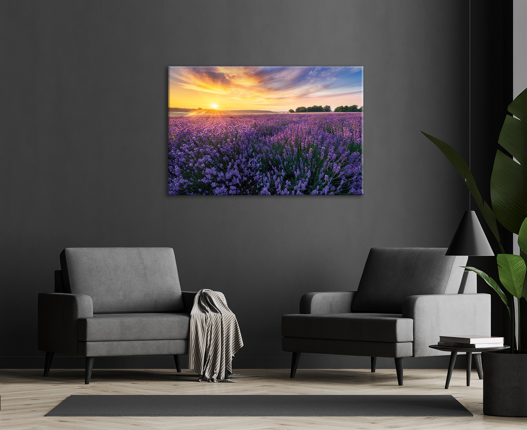 Bönninghoff Leinwandbild »Wandbild LAVENDELFELD 78x118 cm – Leinwandbild Keilrahmen Deko modern« Felder | Sonnenaufgang 1 Stk. tlg. auf Keilrahmen gespannt