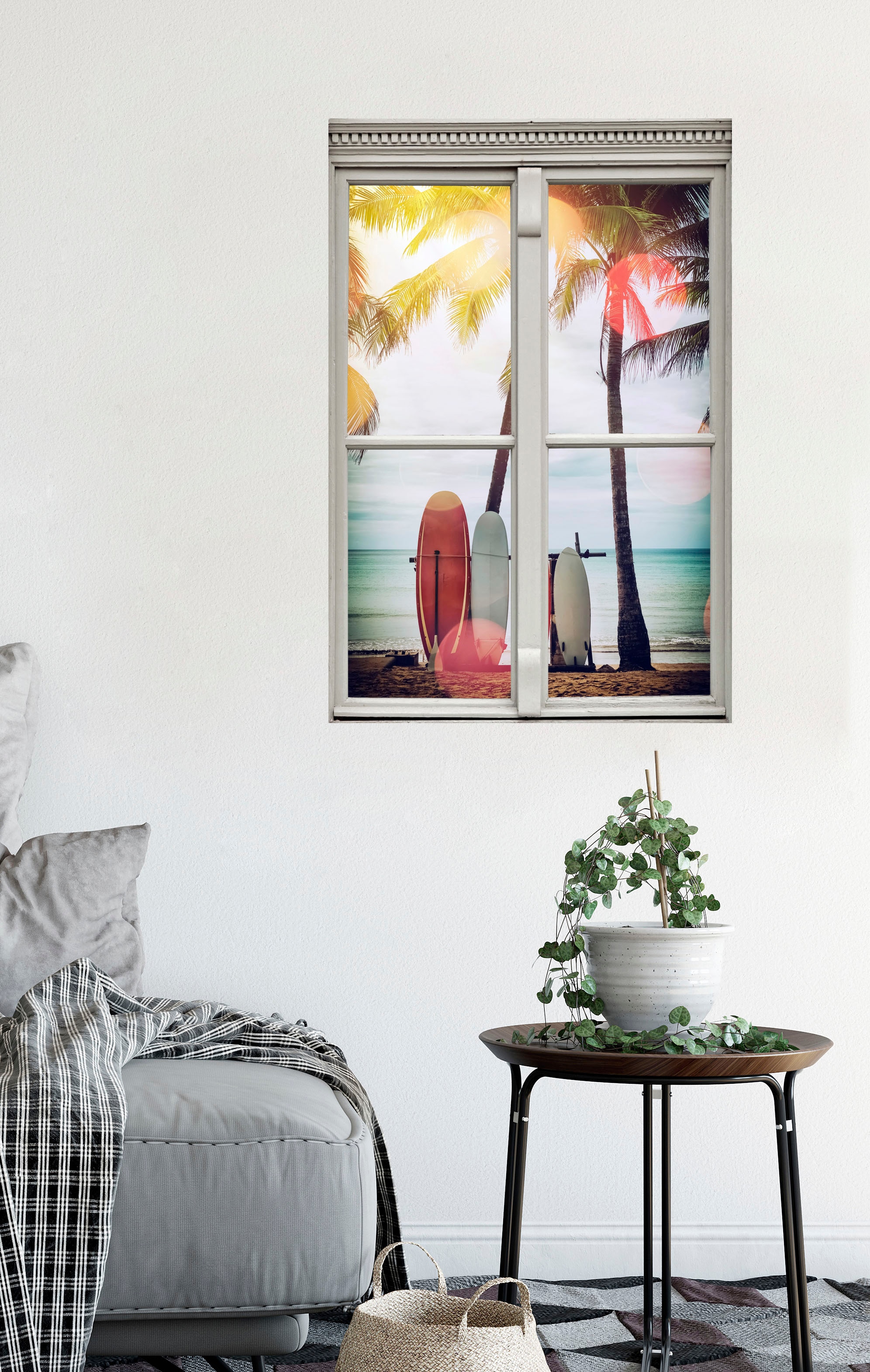 queence Autocollants muraux »Surfstrand« Wandsticker, Wandbild, selbstklebend, 3D, Fenster