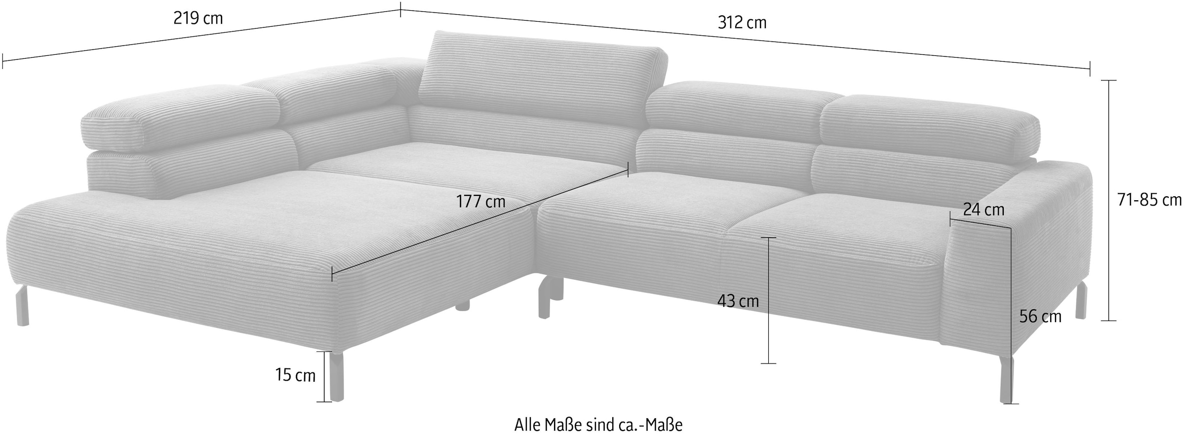 Home affaire Ecksofa »Antonelli, L-Form,  incl. Kopfteilverstellung, Breite 312 cm« ohne Sitztiefenverstellung, in Cord, stone