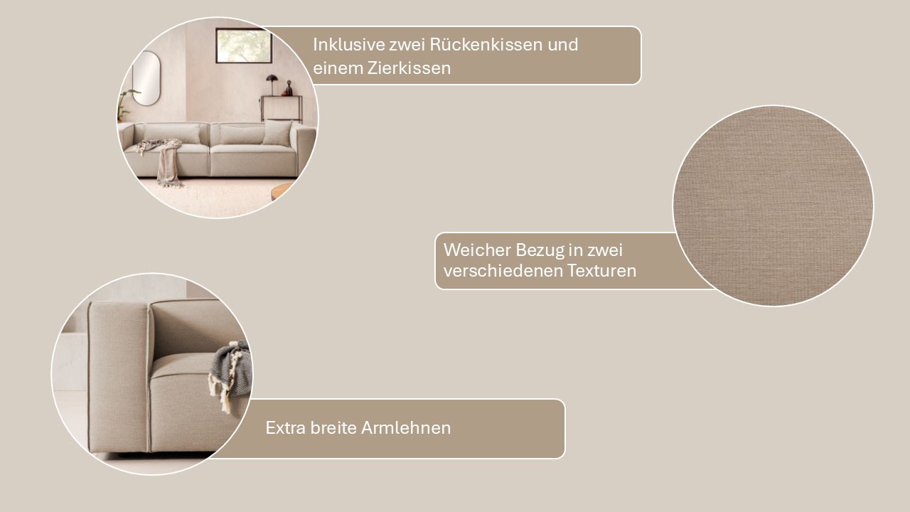 LeGer Home by Lena Gercke 3-Sitzer »PIARA, Couch mit Kedernaht, Sofa in Cord oder Leinenoptik«, schwarze Füsse, bequemer Sitzkomfort