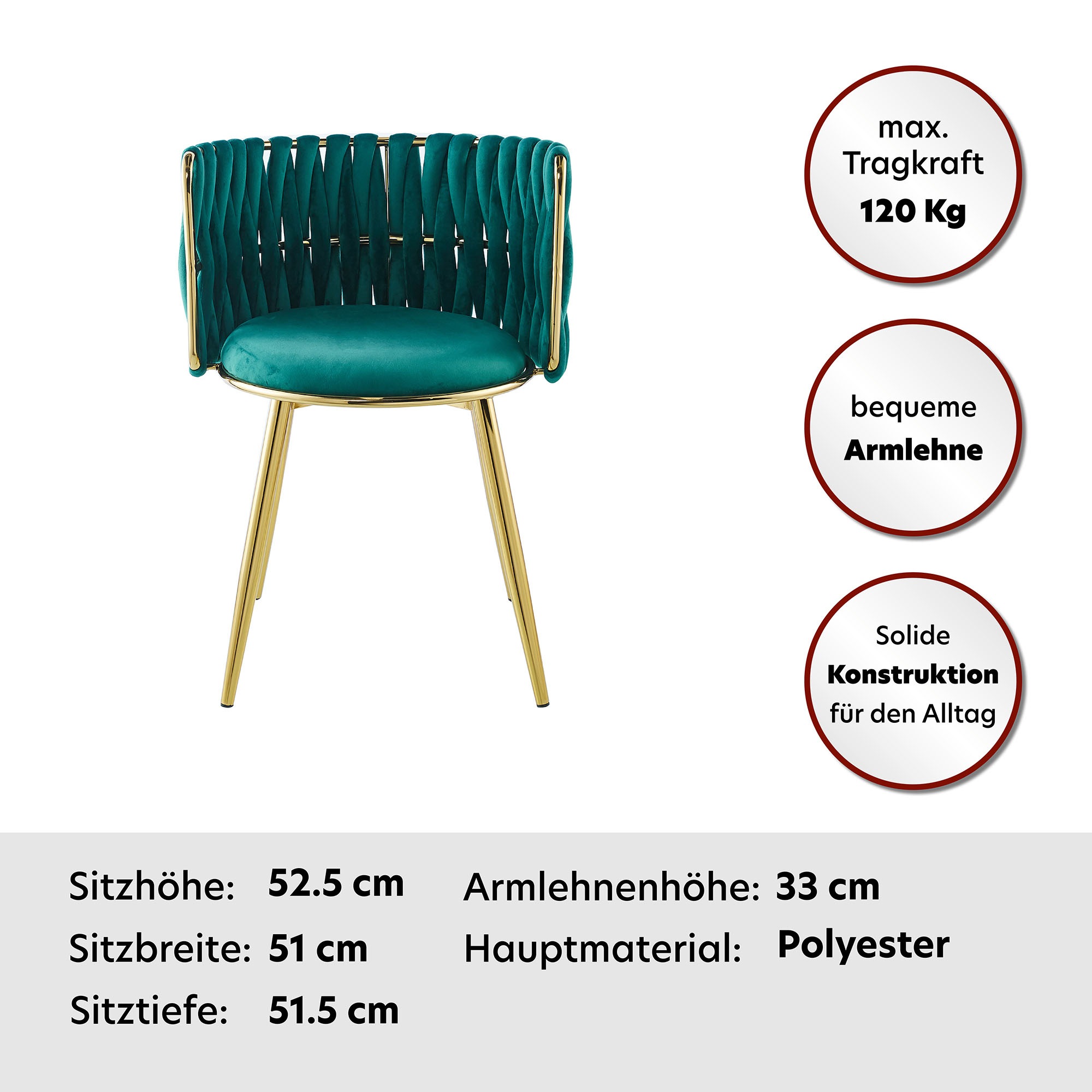 Kayoom Polsterstuhl »Stuhl Melly 125 2er-Set,tolles Design der Rückenlehne, runde Sitzfläch«, (Set), 2 St., ausgefallen geflochtene Rückenlehne, Samtbezug, goldene Beine
