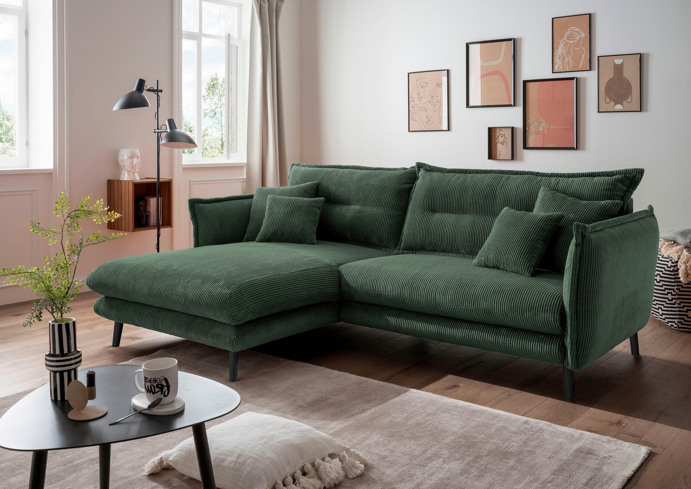 Image of Home affaire Ecksofa "Levke, aktuelles Design: Kissen Optik, Holzfuss anthrazit, bequem" Cord, L-Form, inkl. Rücken- und Zierkissen