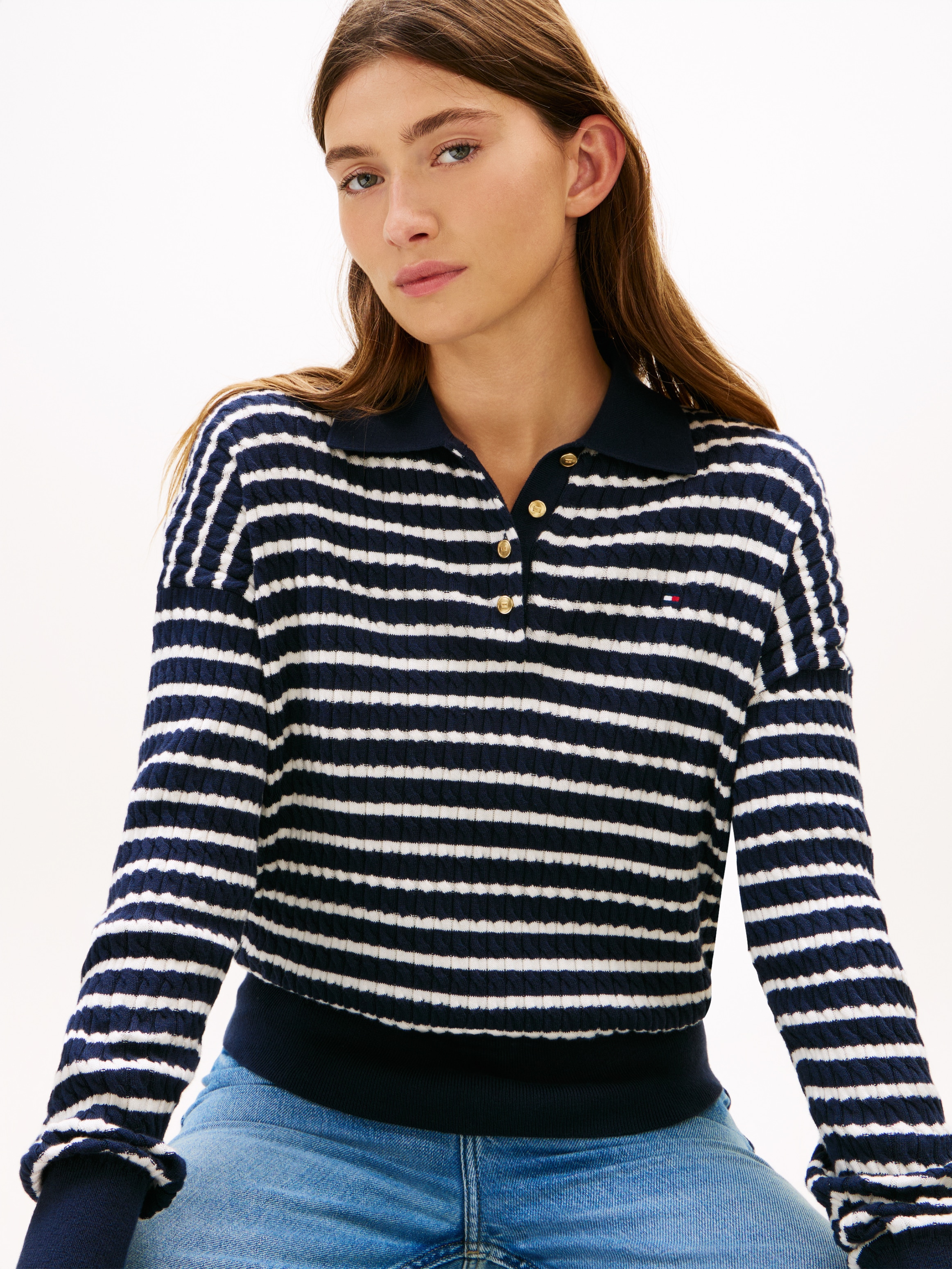 Tommy Hilfiger Strickpullover »CO CABLE FINE GG RLXD POLO SWT« mit Zopfmuster