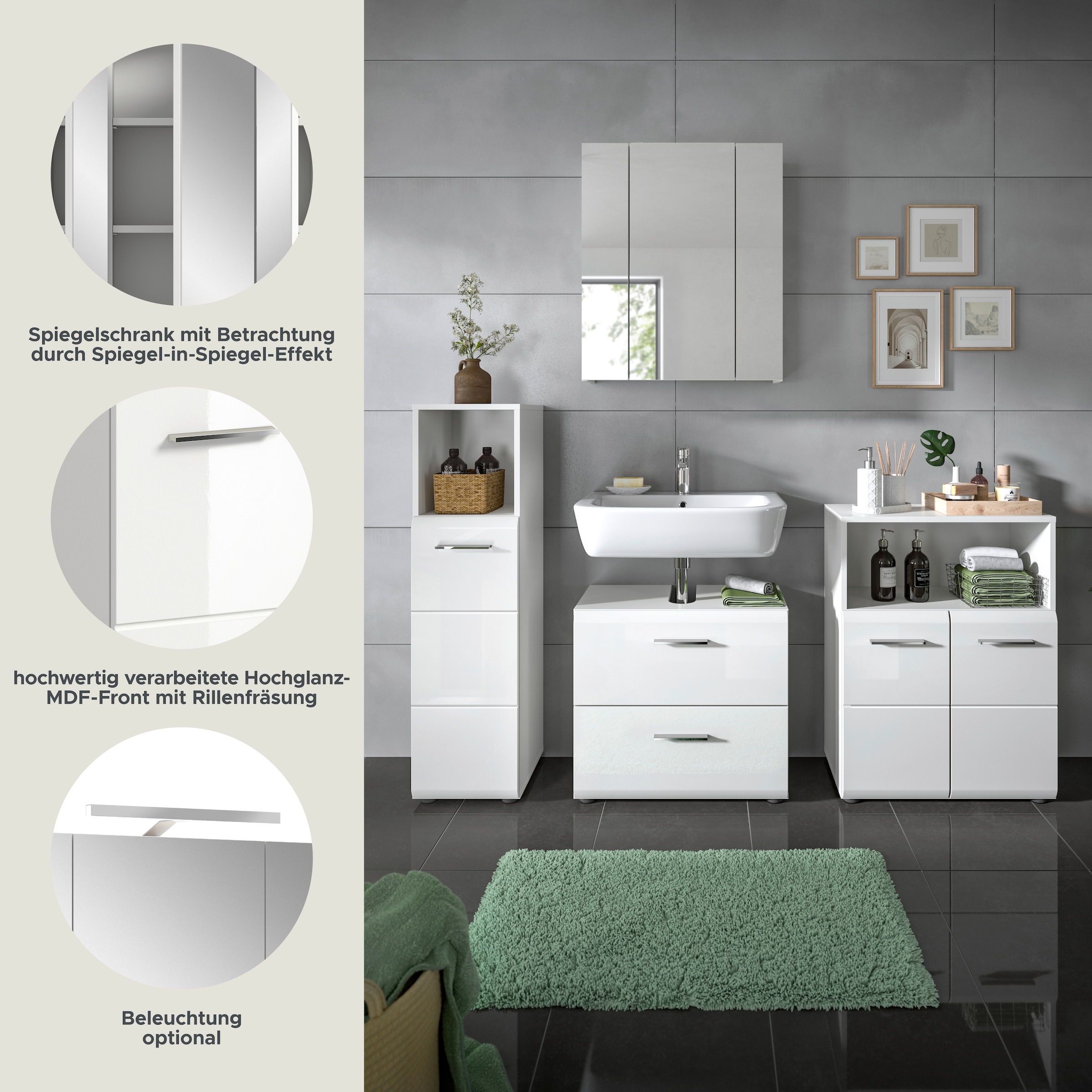 INOSIGN Badmöbel-Set »FLORENZ, TOPSELLER!, 4-teilige Badkombination, hochwertige MDF-Front« Set, Midischrank hoch, WBU, Spiegelschrank, Midischrank breit, 