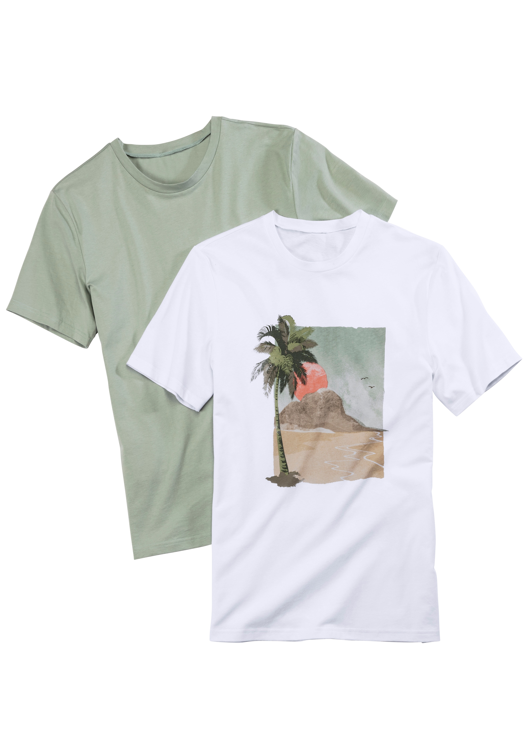Image of Beachtime T-Shirt Packung, 2 Stk. Freizeitshirt mit Rundhals und Frontprint aus reiner Baumwolle