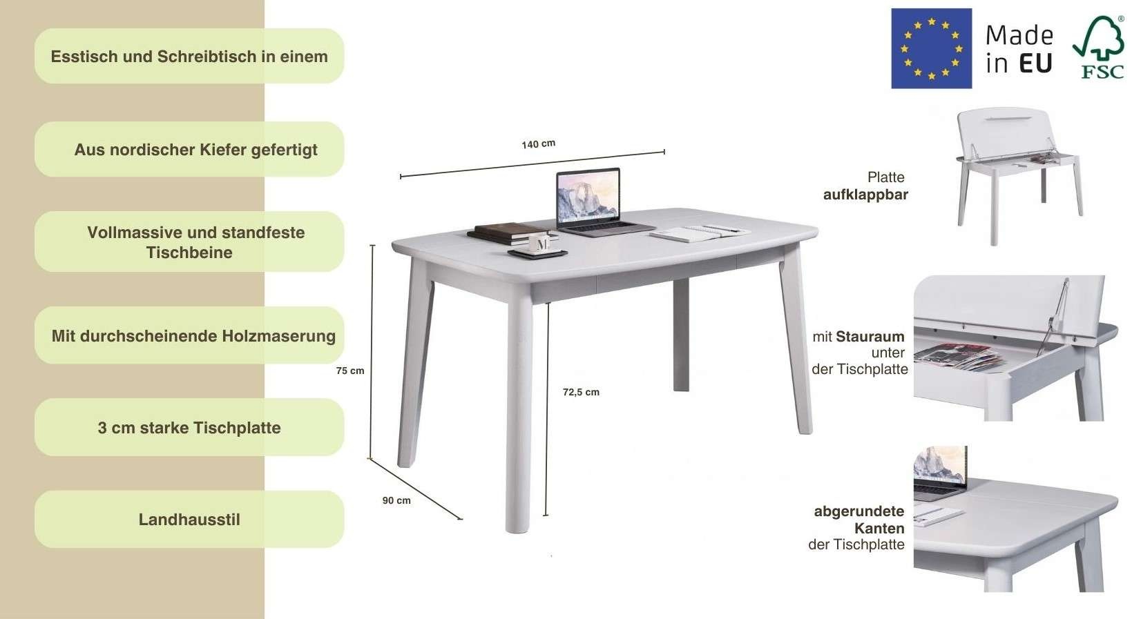 Home affaire Esstisch »Palermo, multifunktionaler Tisch, Arbeitstisch, Schreibtisch«, mit Stauraum, Platte aufklappbar, Home Office Schreibtisch, Massivholz