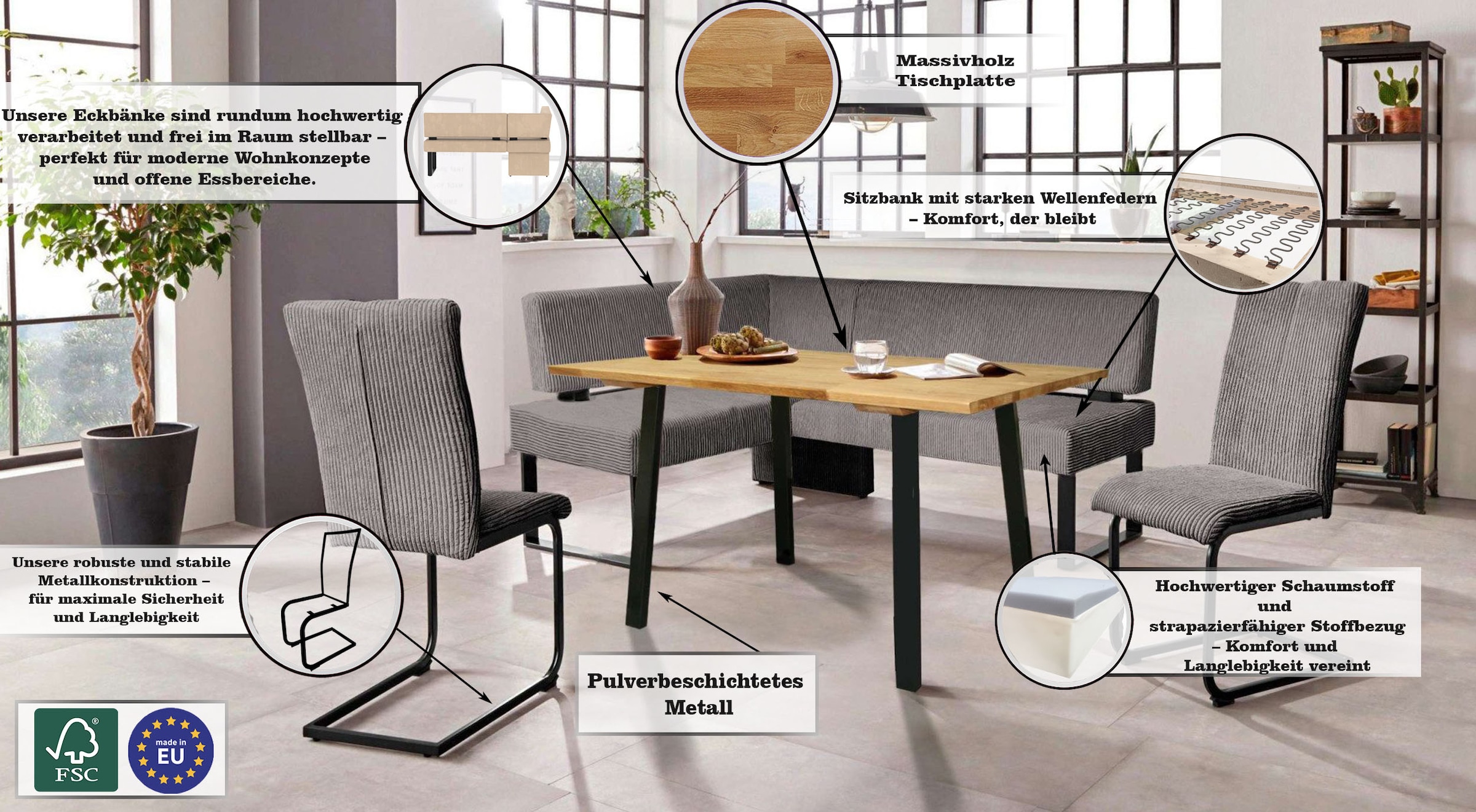 Home affaire Eckbankgruppe »Oliver«, (Set, 4 tlg., 4-tlg), Eckbank mit Wellenunterfederung im Sitz, Tisch Massiv Eiche