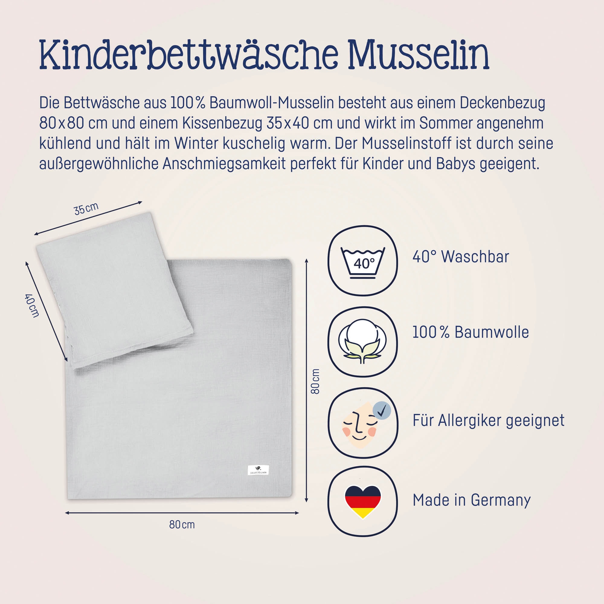 Julius Zöllner Kinderbettwäsche »Baby- und Kinderbettwäsche aus 100% Musselin«, (2 tlg.), erhältlich in den Grössen 80x80+35x40cm und 100x135+40x60cm