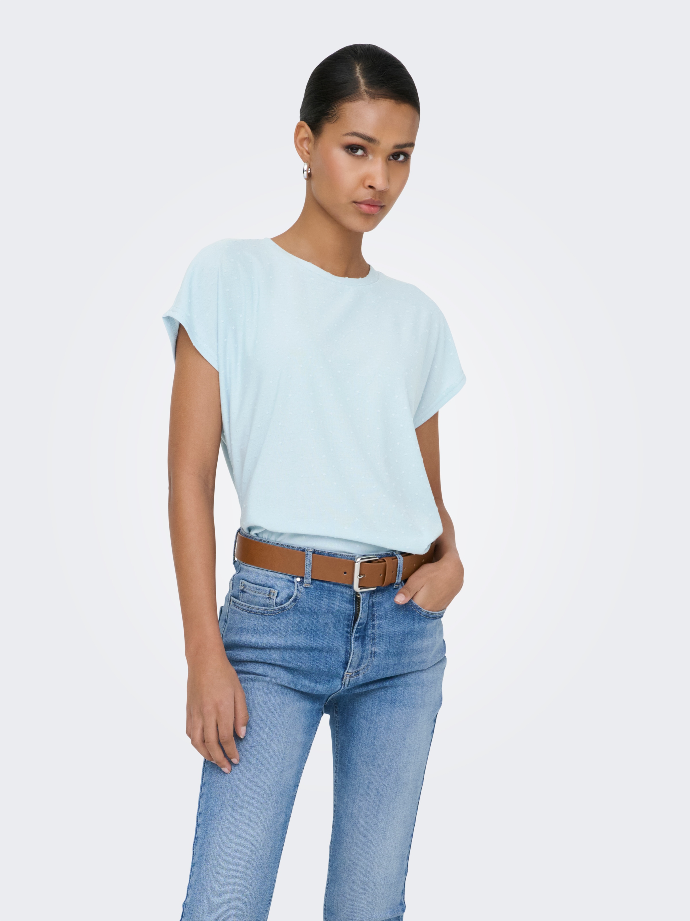 ONLY T-shirt à manches courtes »ONLMOLLY S/S O-NECK DOBBY TOP JRS« Materialmix, regular fit, Rundhals