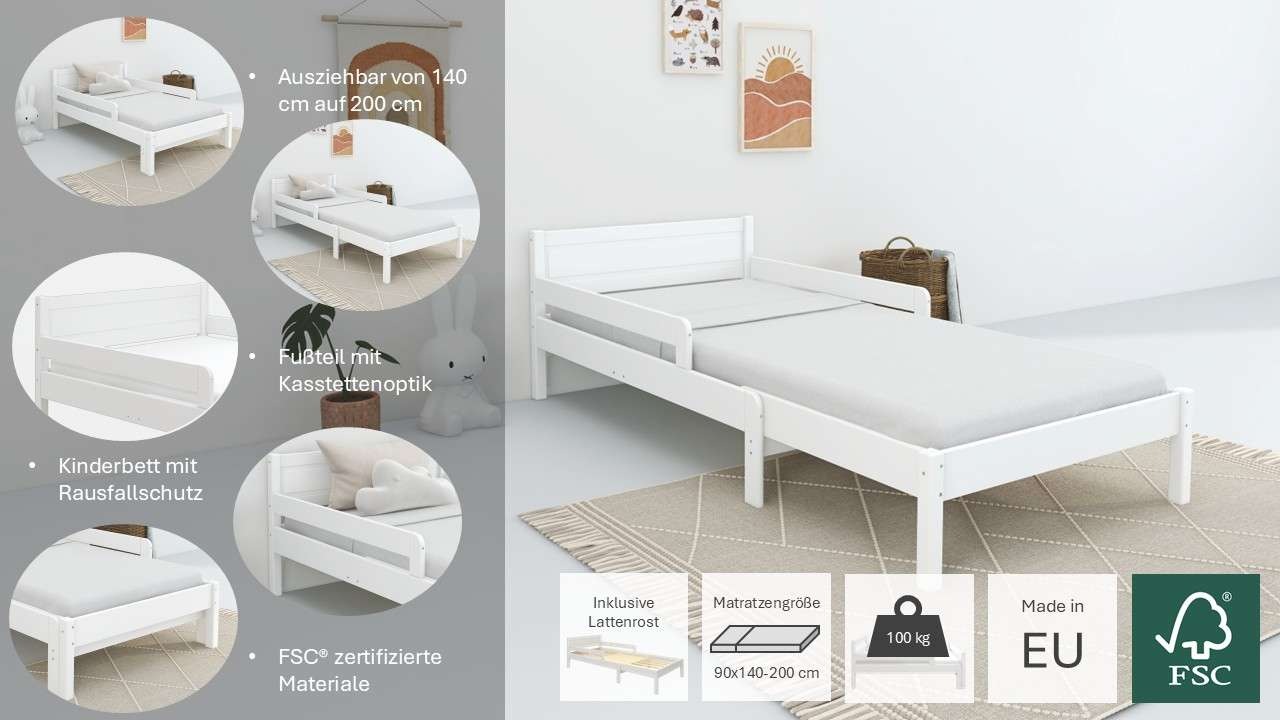 OTTO home Kinderbett »Hero, Bett, Massivholzbett, ausziehbar von 140 bis 200 cm«, aus massiver Kiefer, inklusive Lattenrost, Kassettenoptik, FSC®