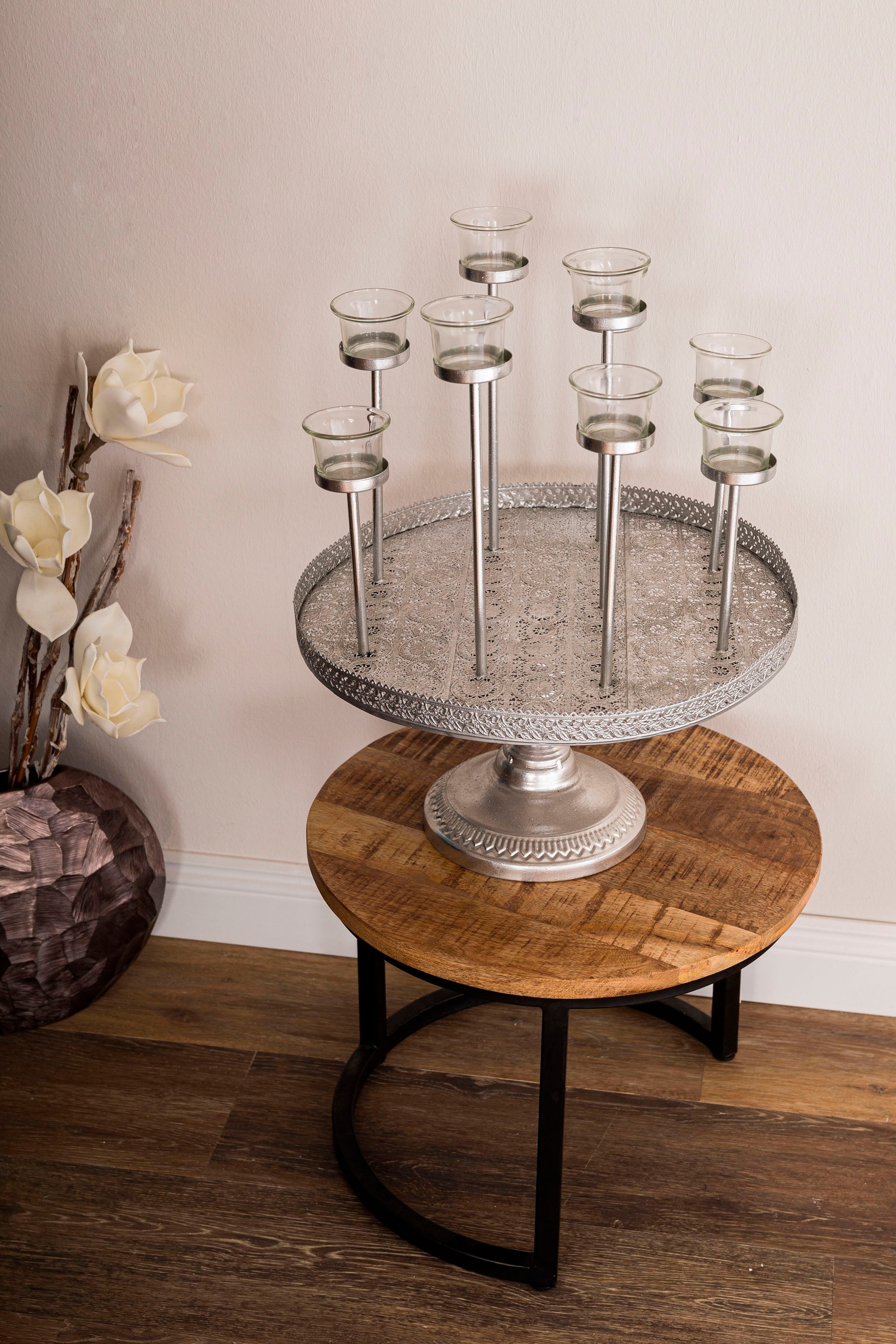 Image of Myflair Möbel & Accessoires Tablett "Muki, silber" Dekotablett rund, mit Fuss, Ø 40 cm, mit 8 Teelichthaltern, Wohnzimmer