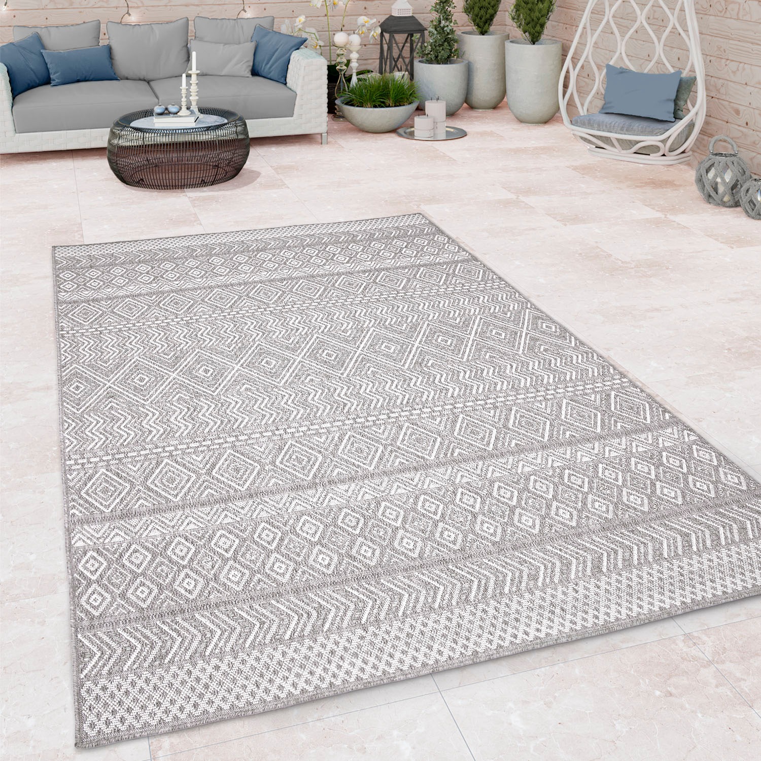 Paco Home Teppich »Vermont 190«, rechteckig, 4 mm Höhe, Flachgewebe, modernes Design mit Rauten, gesteift, Outdoor geeignet